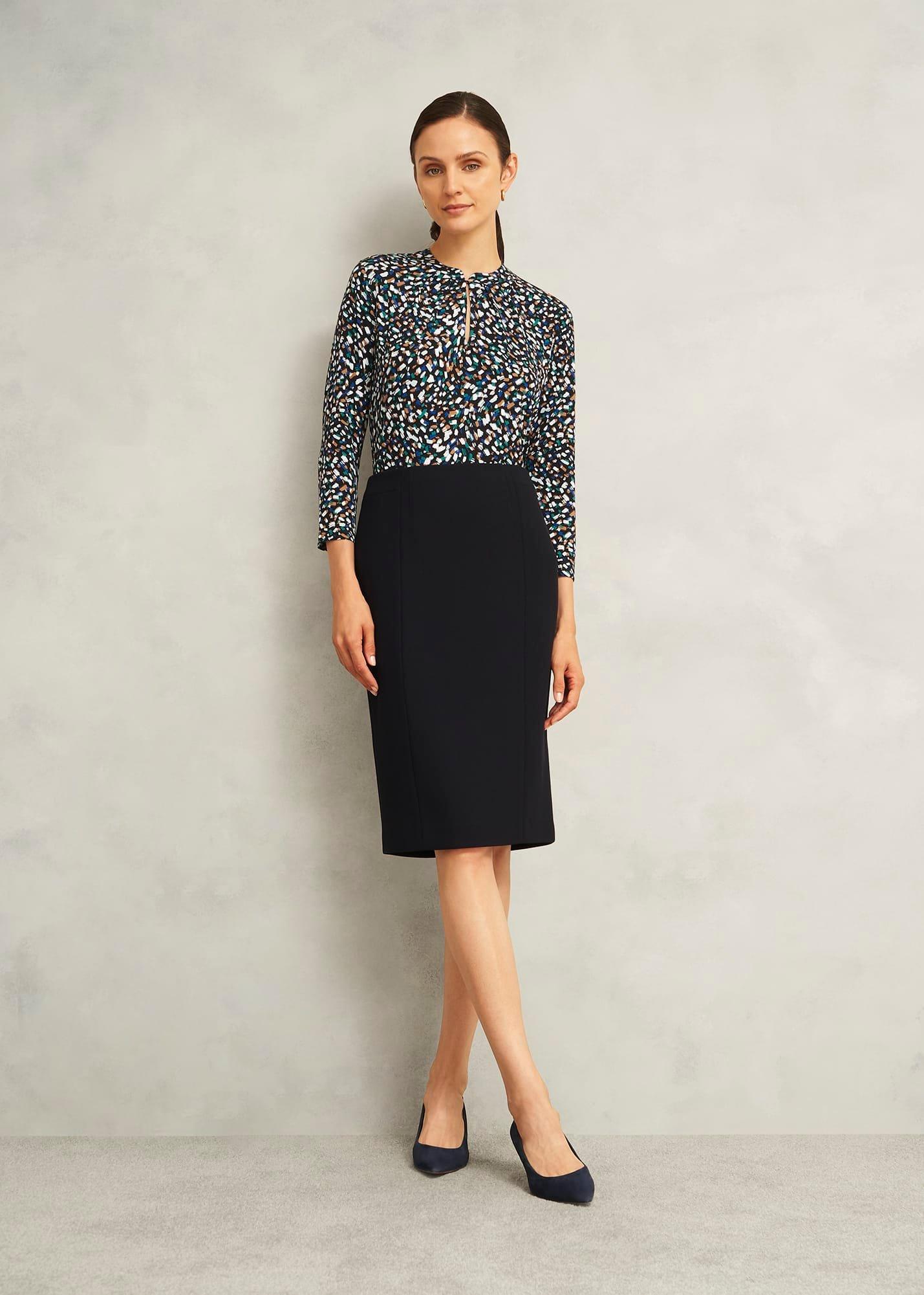 Navy Margot Printed Button Key Hole 3/4 Sleeve Top, Blue Multi, hi-res