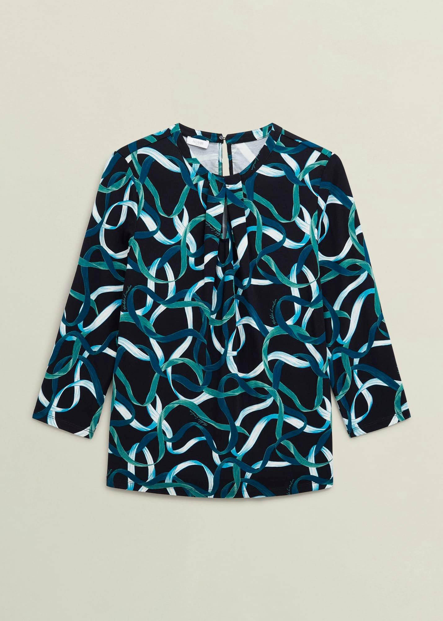 Blue Julia Ribbon Printed Key Hole 3/4 Sleeve Top