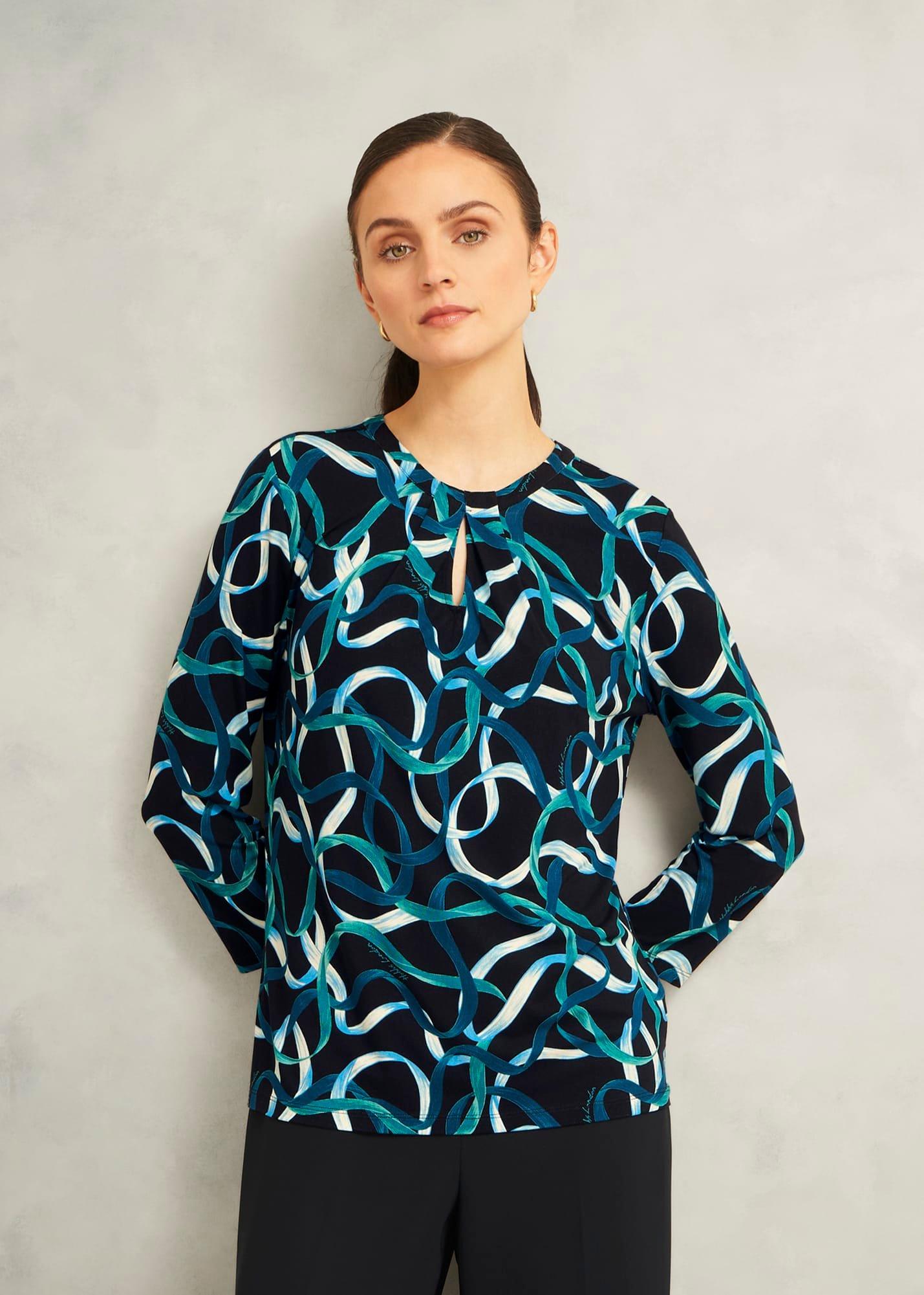 Blue Julia Ribbon Printed Key Hole 3/4 Sleeve Top