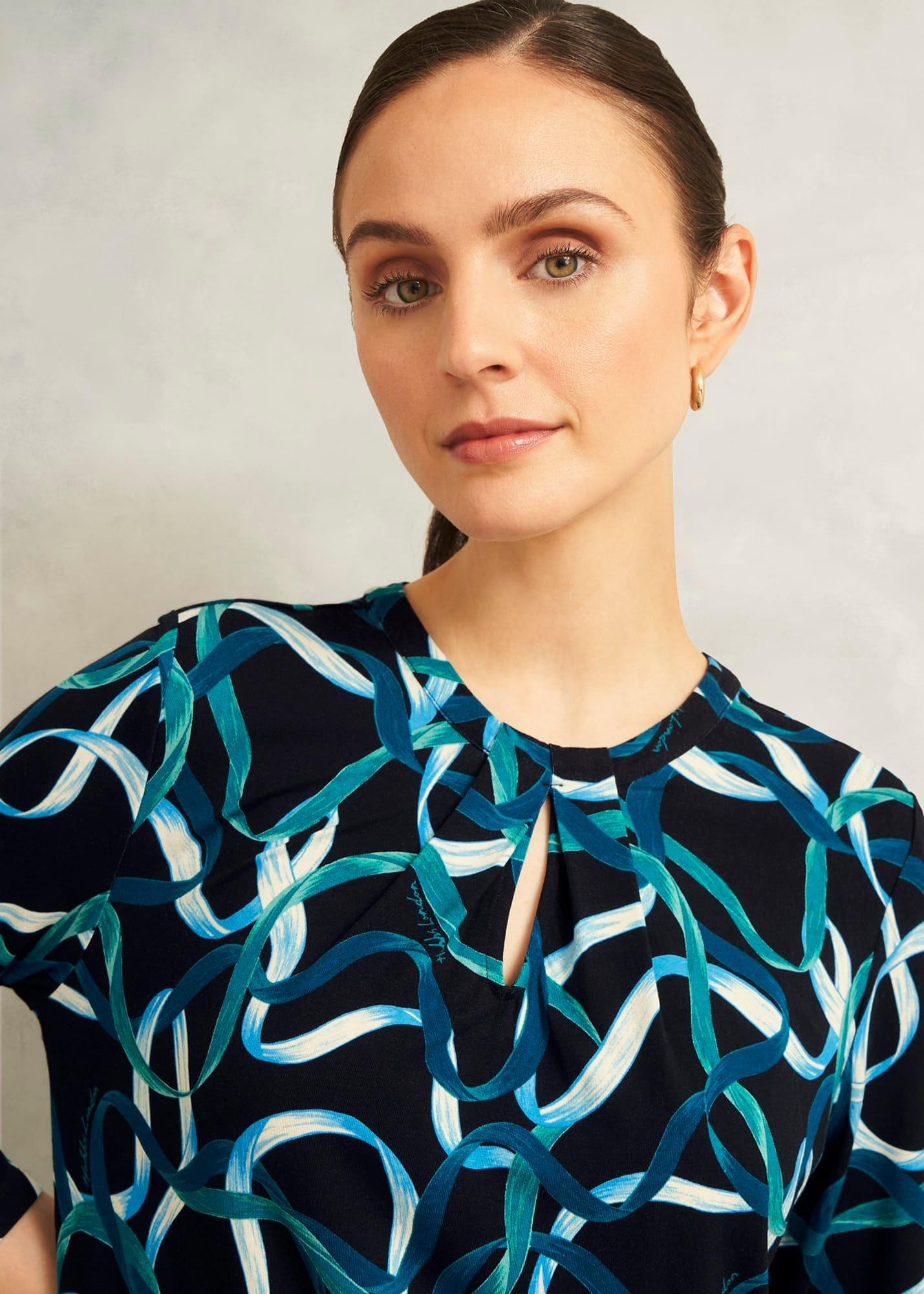 Blue Julia Ribbon Printed Key Hole 3/4 Sleeve Top, Navy Blue, hi-res