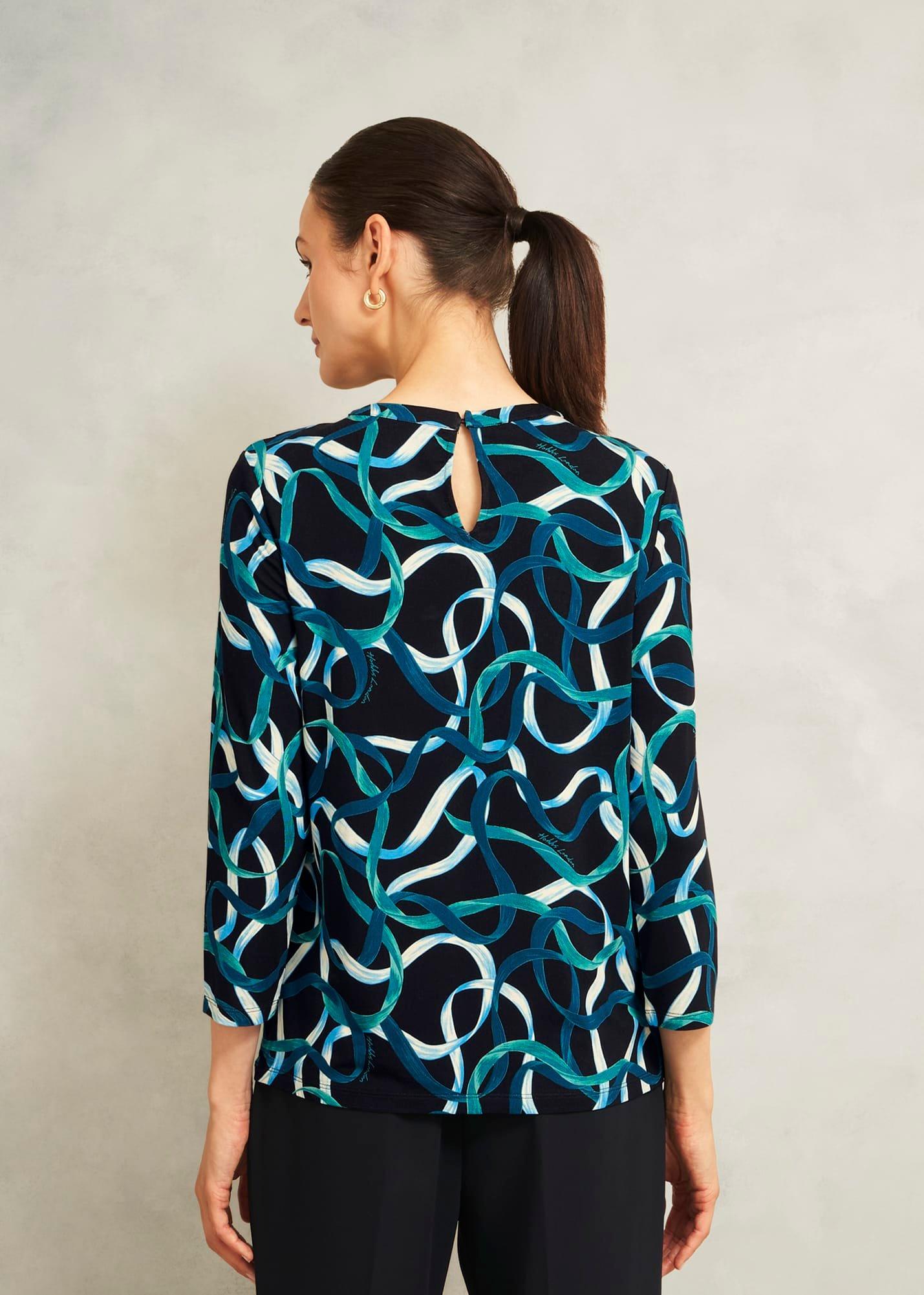 Blue Julia Ribbon Printed Key Hole 3/4 Sleeve Top, Navy Blue, hi-res