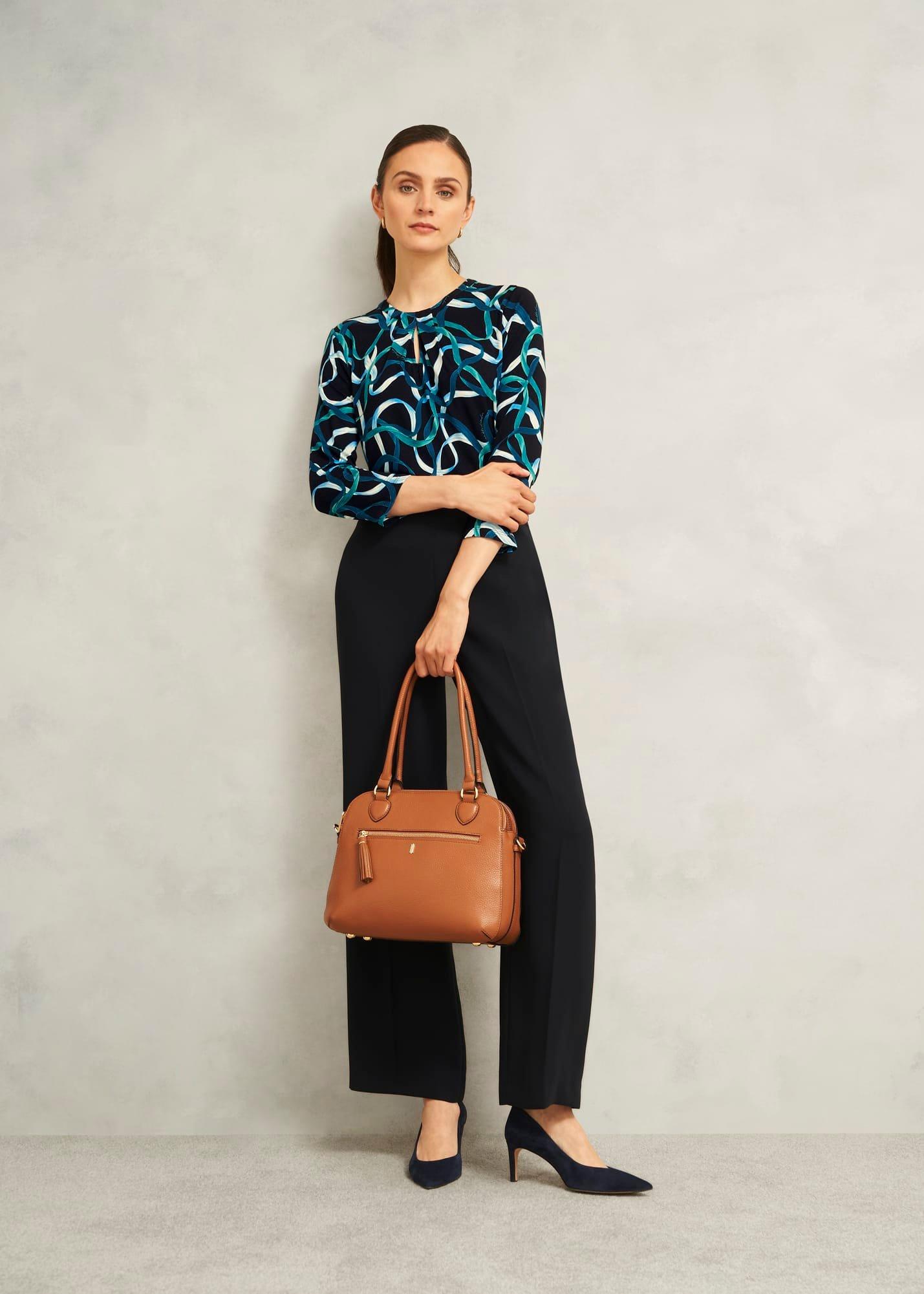 Blue Julia Ribbon Printed Key Hole 3/4 Sleeve Top, Navy Blue, hi-res