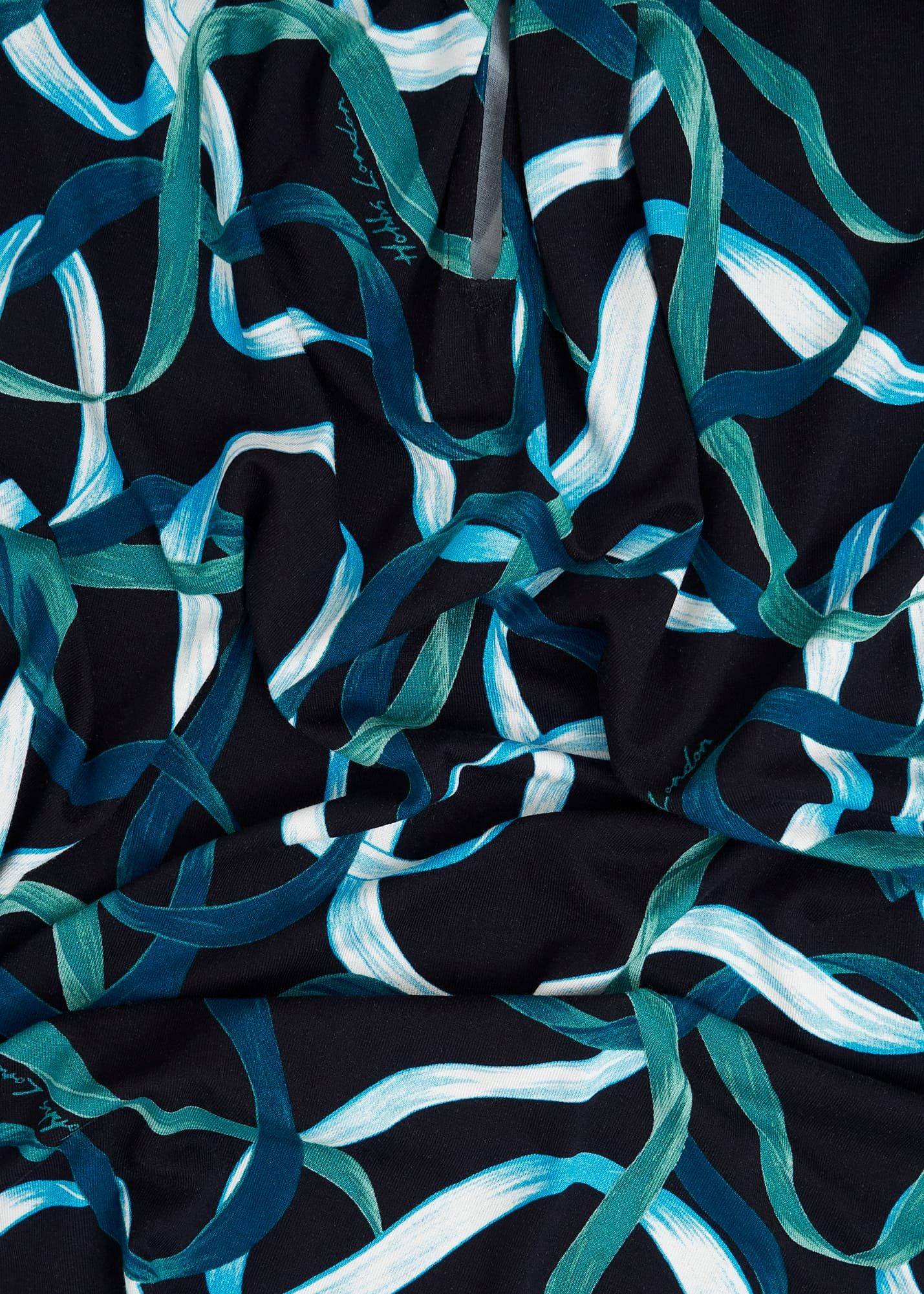 Blue Julia Ribbon Printed Key Hole 3/4 Sleeve Top, Navy Blue, hi-res