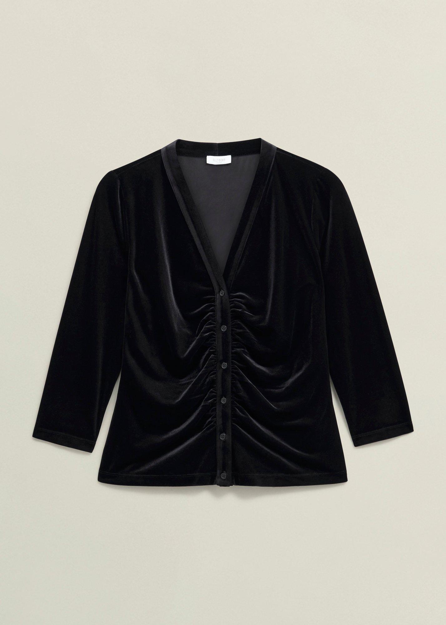 Hattie Velvet Ruched Button Front Top, Black, hi-res