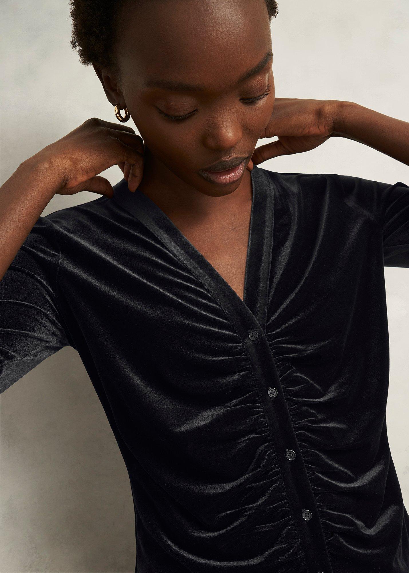 Hattie Velvet Ruched Button Front Top, Black, hi-res