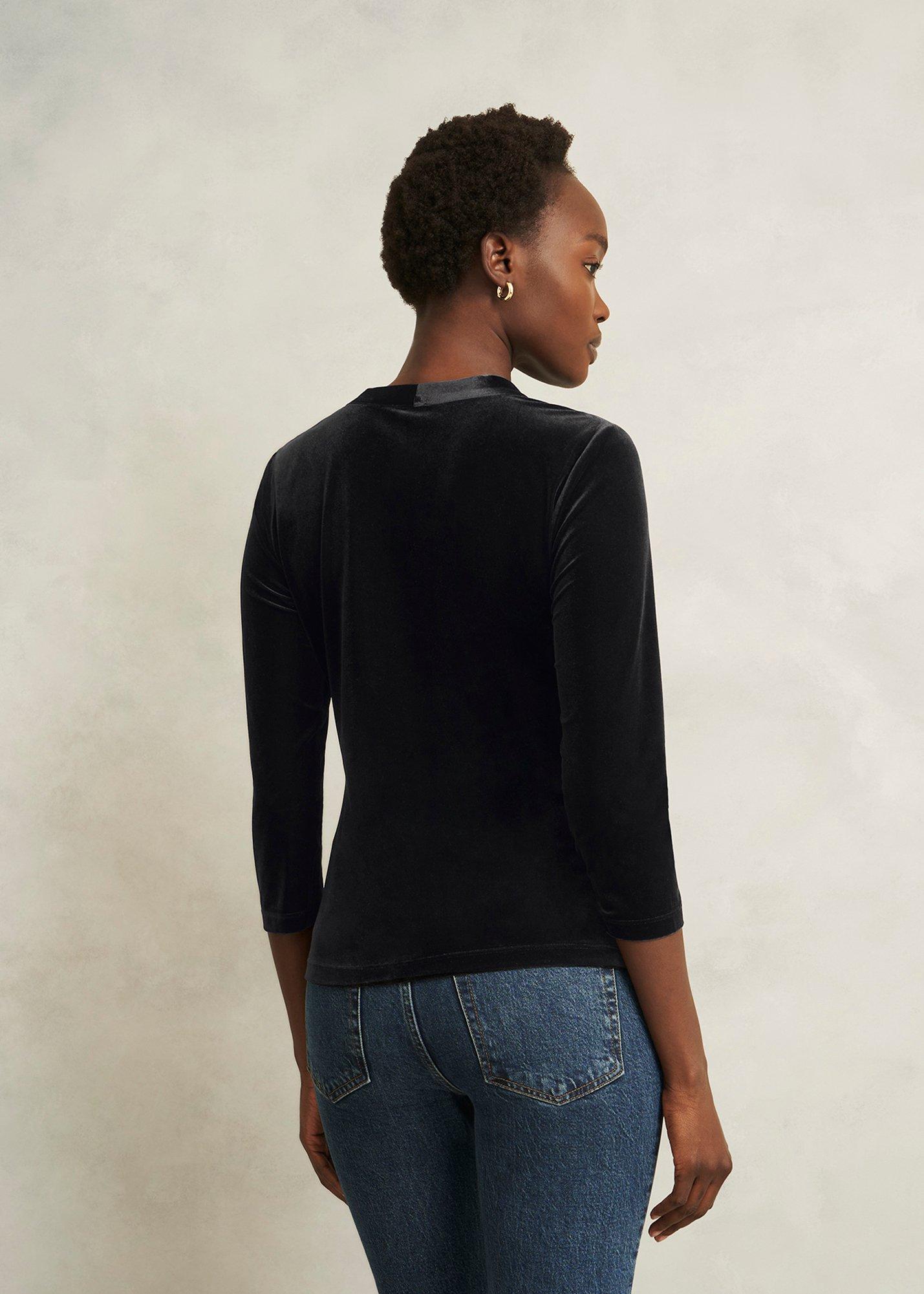 Hattie Velvet Ruched Button Front Top, Black, hi-res