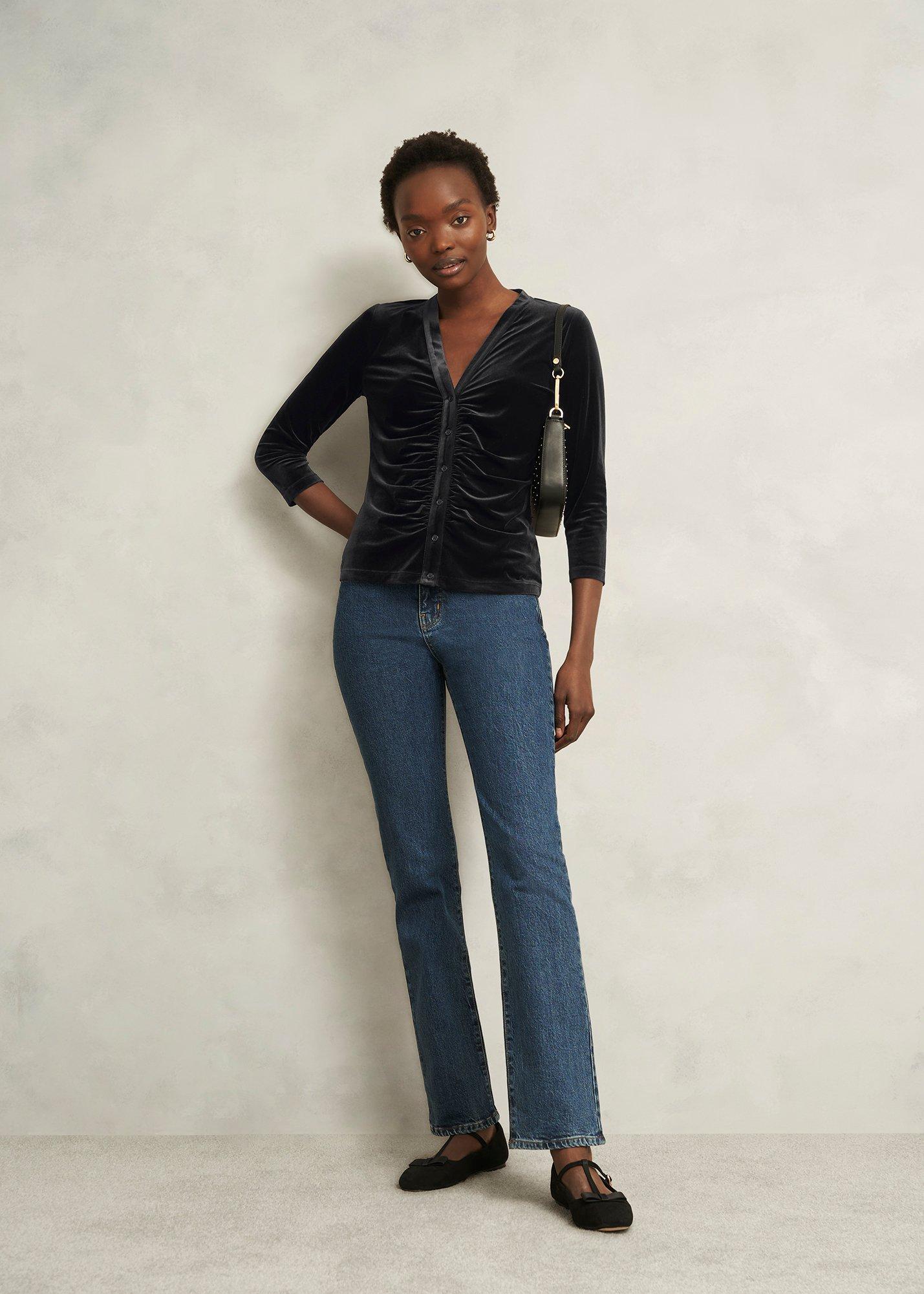 Hattie Velvet Ruched Button Front Top, Black, hi-res