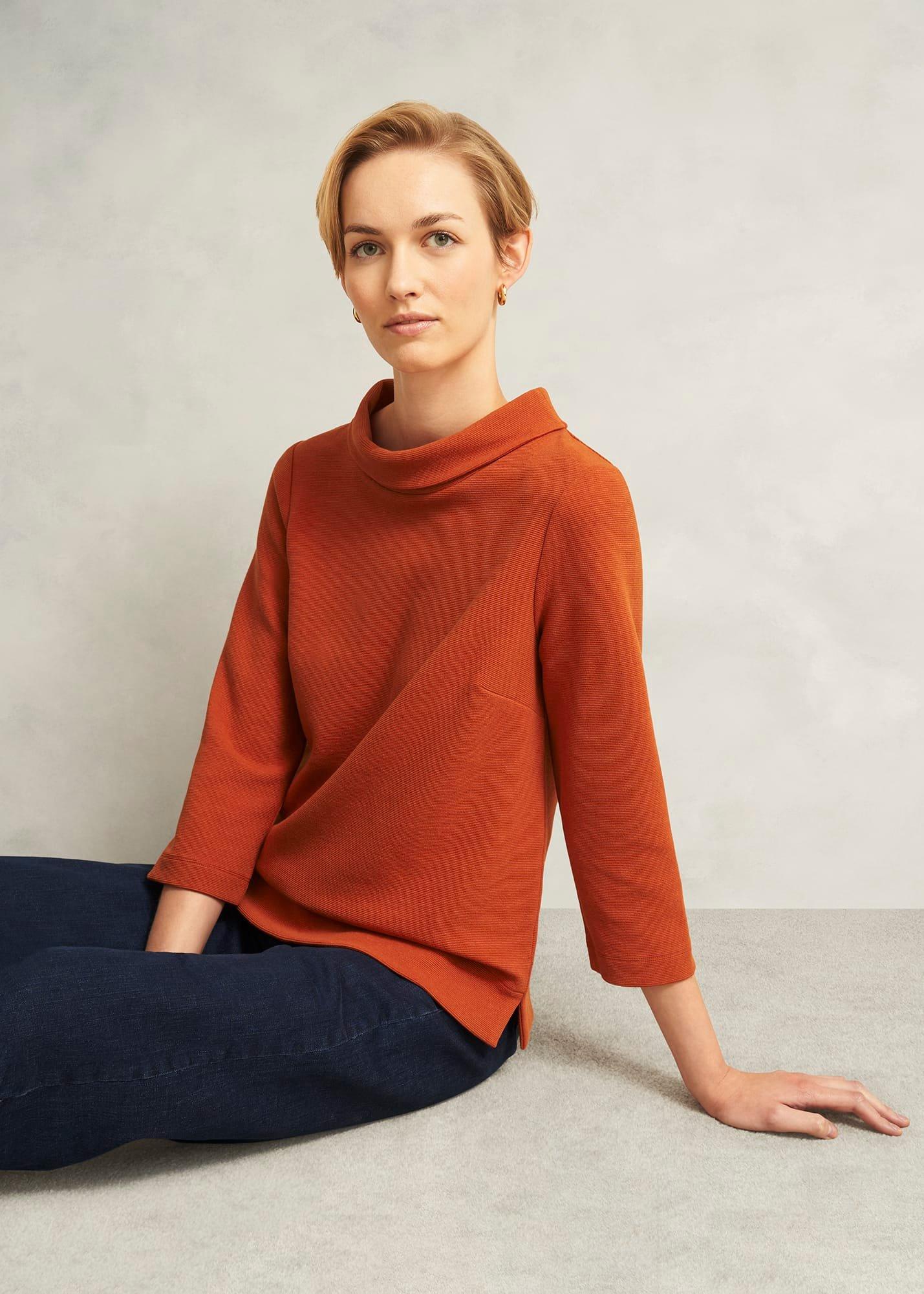 Orange Betsy Textured 3/4 Sleeve Roll Neck Top