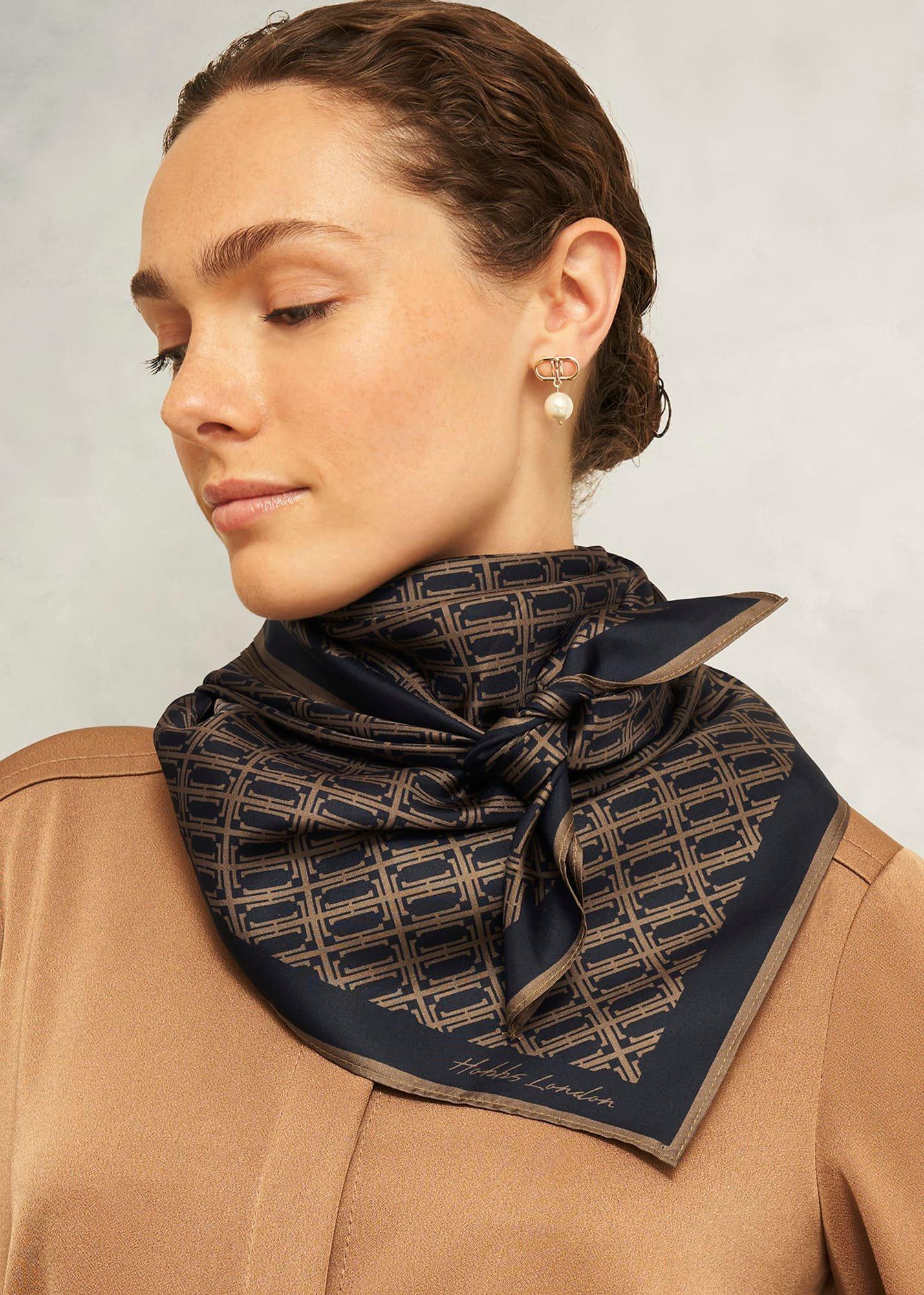 Bria Silk Scarf, Navy Camel, hi-res