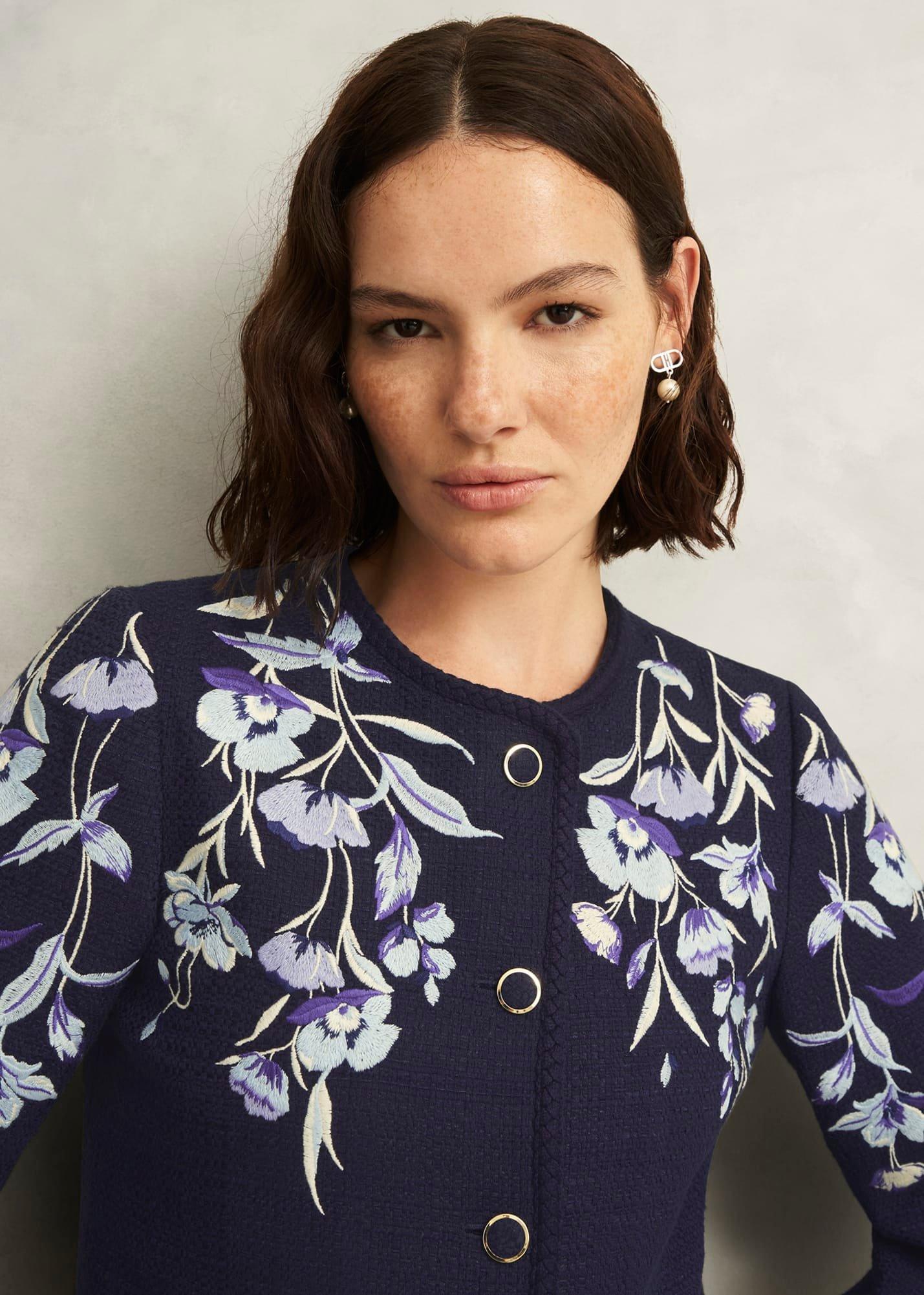 Hinton Floral Embroidered Tweed Jacket , Midnight Navy, hi-res