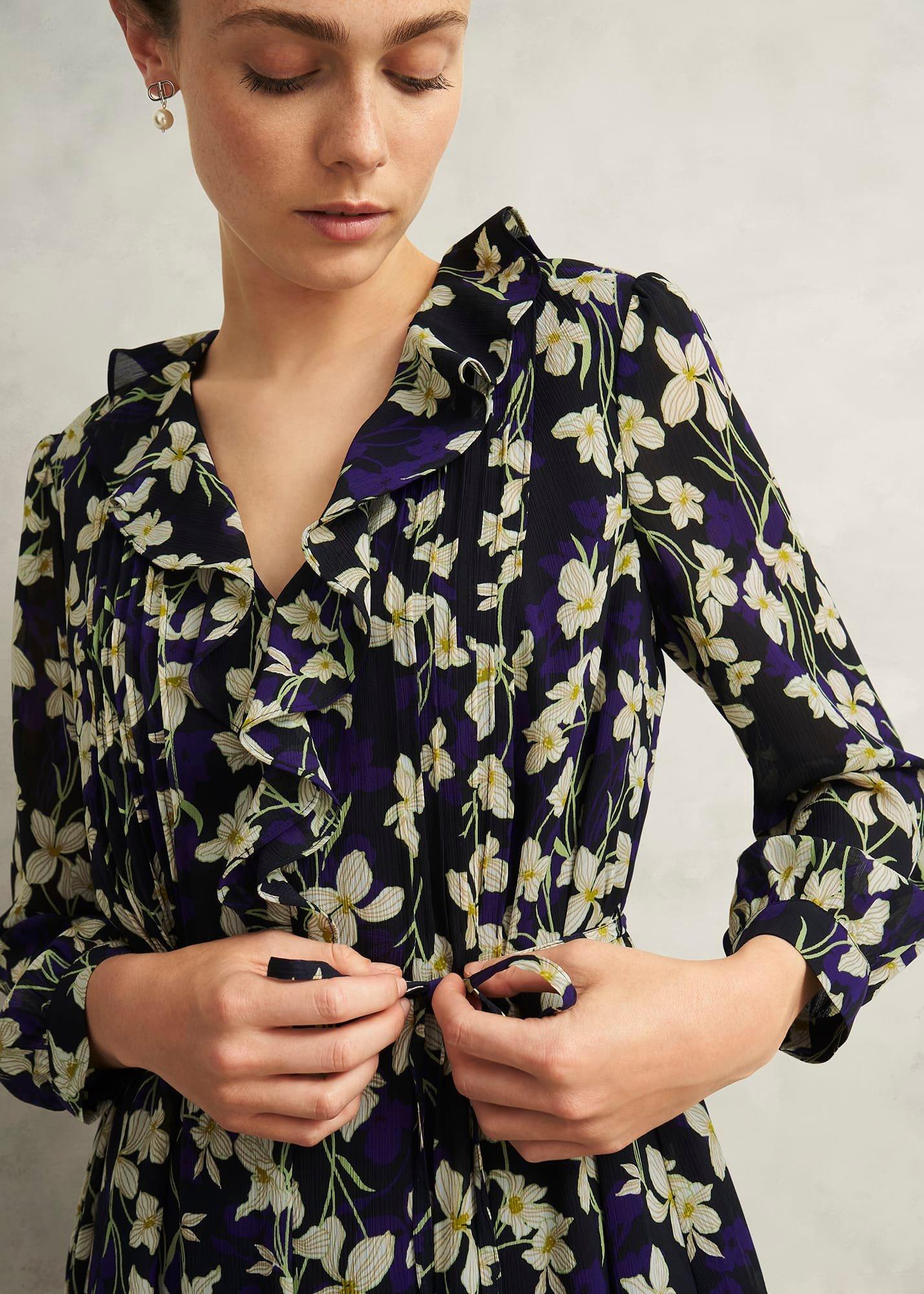 Navy Floral Zoe Dress with Ruffle Neck, Navy Multi, hi-res