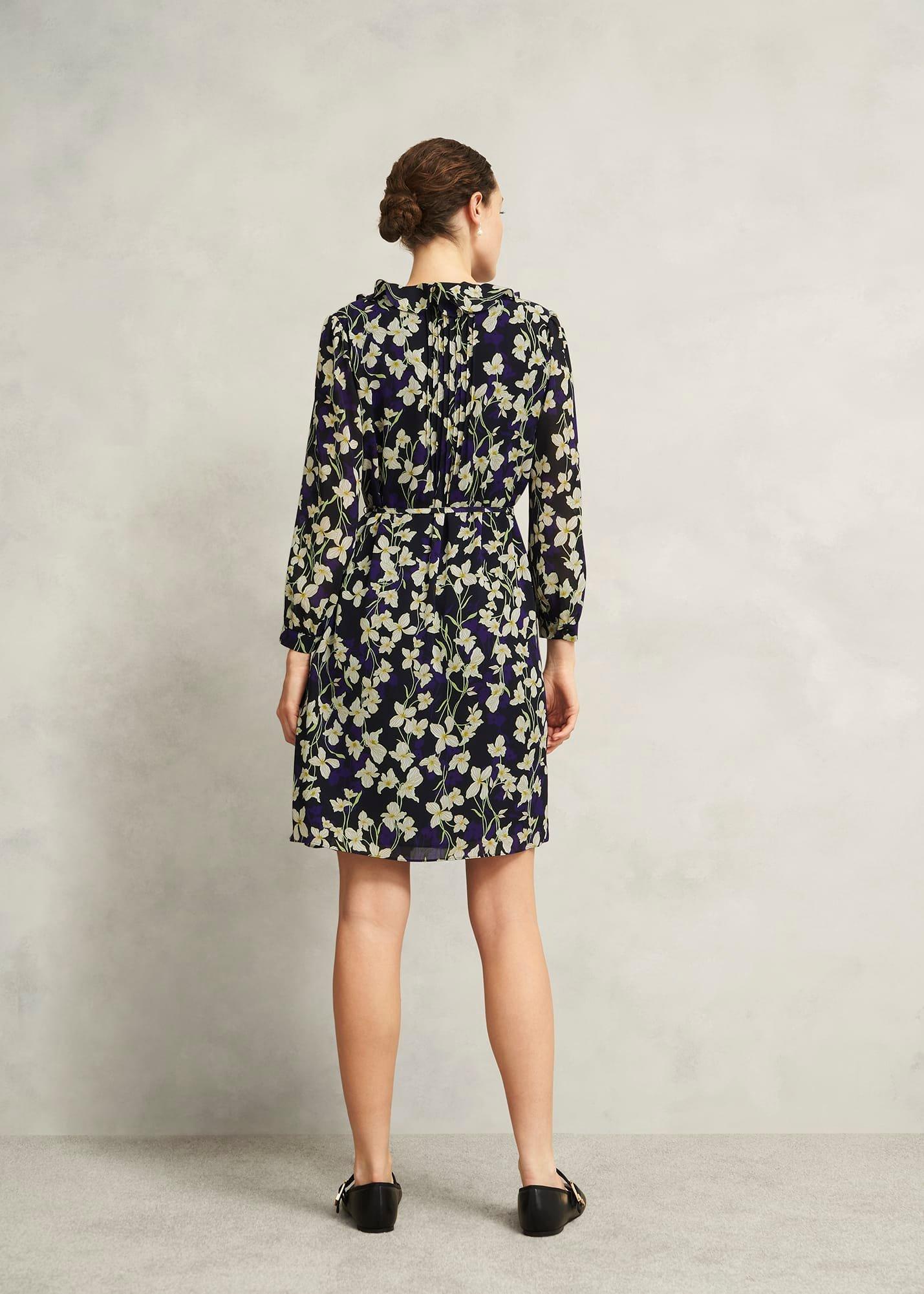 Navy Floral Zoe Dress with Ruffle Neck, Navy Multi, hi-res