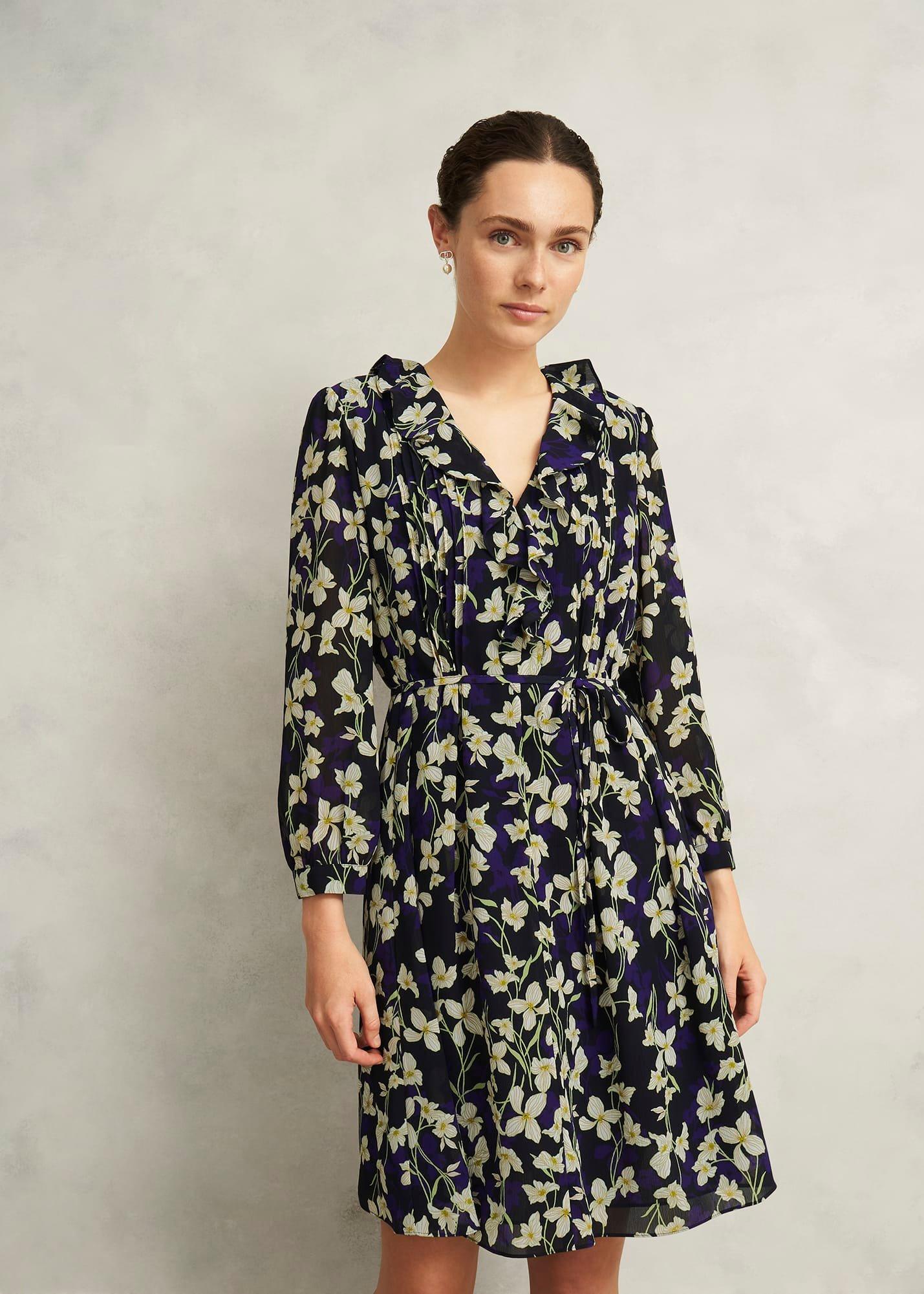 Navy Floral Zoe Dress with Ruffle Neck, Navy Multi, hi-res
