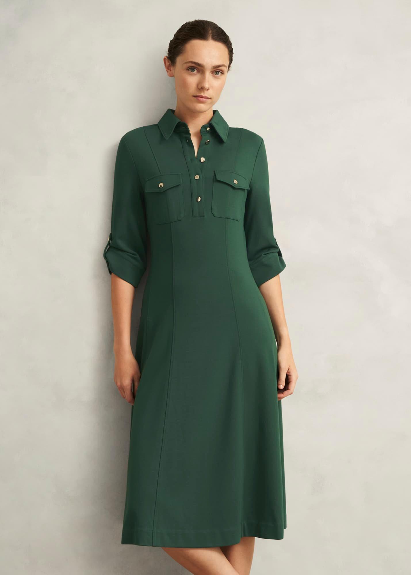 Dark Green Angelica Utility Ponte Midi Dress, Rich Sage Green, hi-res