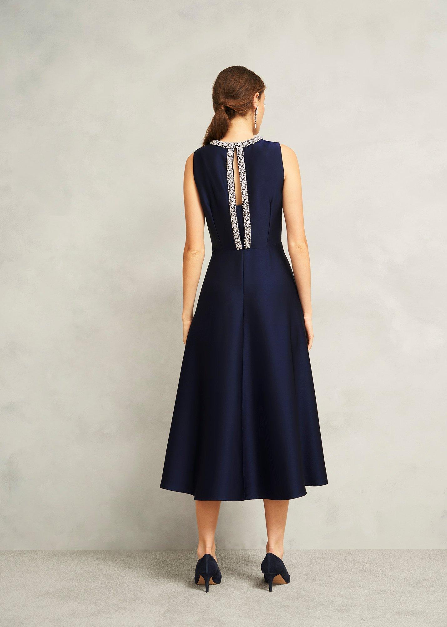 Keira Trimmed Satin Midi Dress, Midnight, hi-res