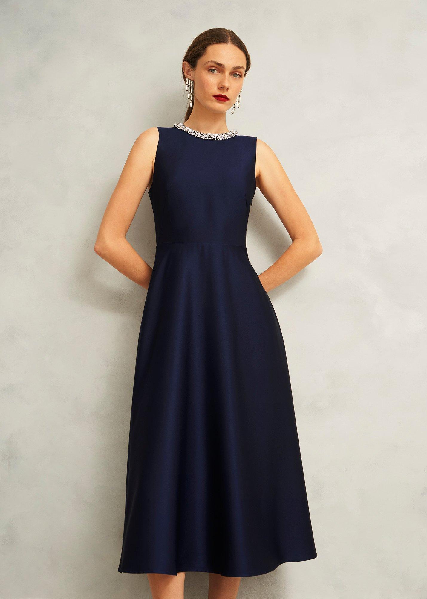 Keira Trimmed Satin Midi Dress, Midnight, hi-res