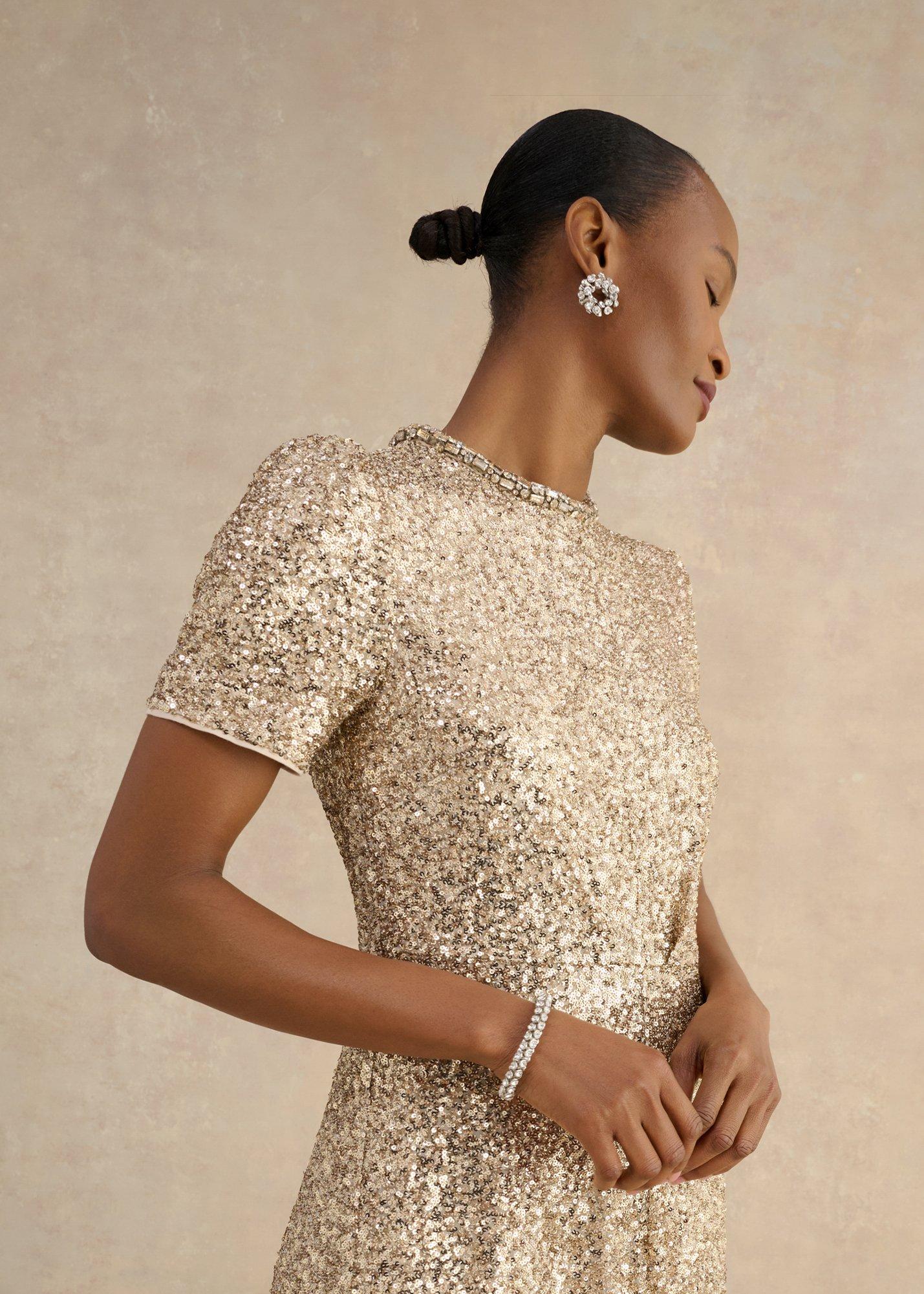 Shirley Sequin Trimmed Maxi Dress, Champagne, hi-res