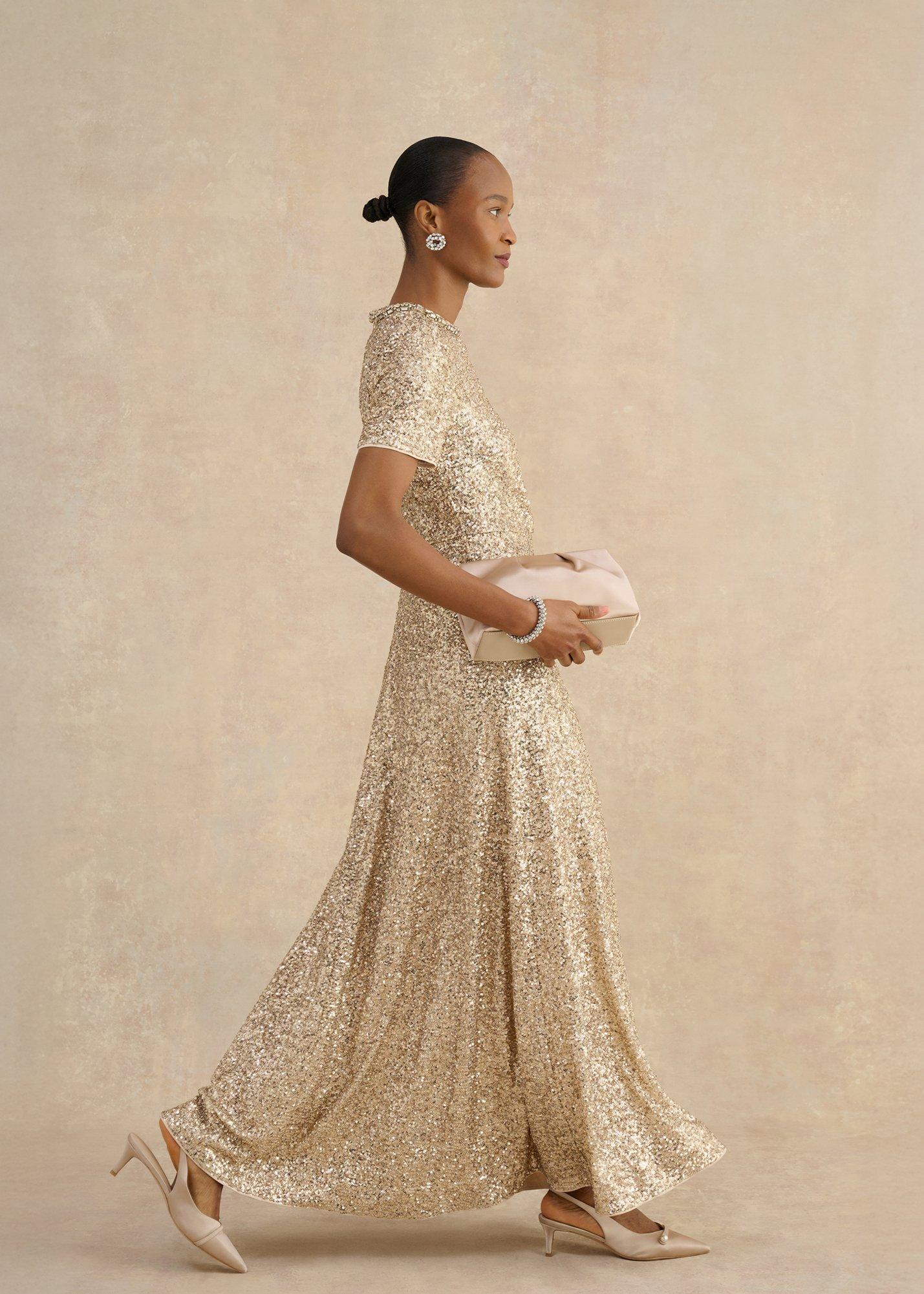 Shirley Sequin Trimmed Maxi Dress, Champagne, hi-res