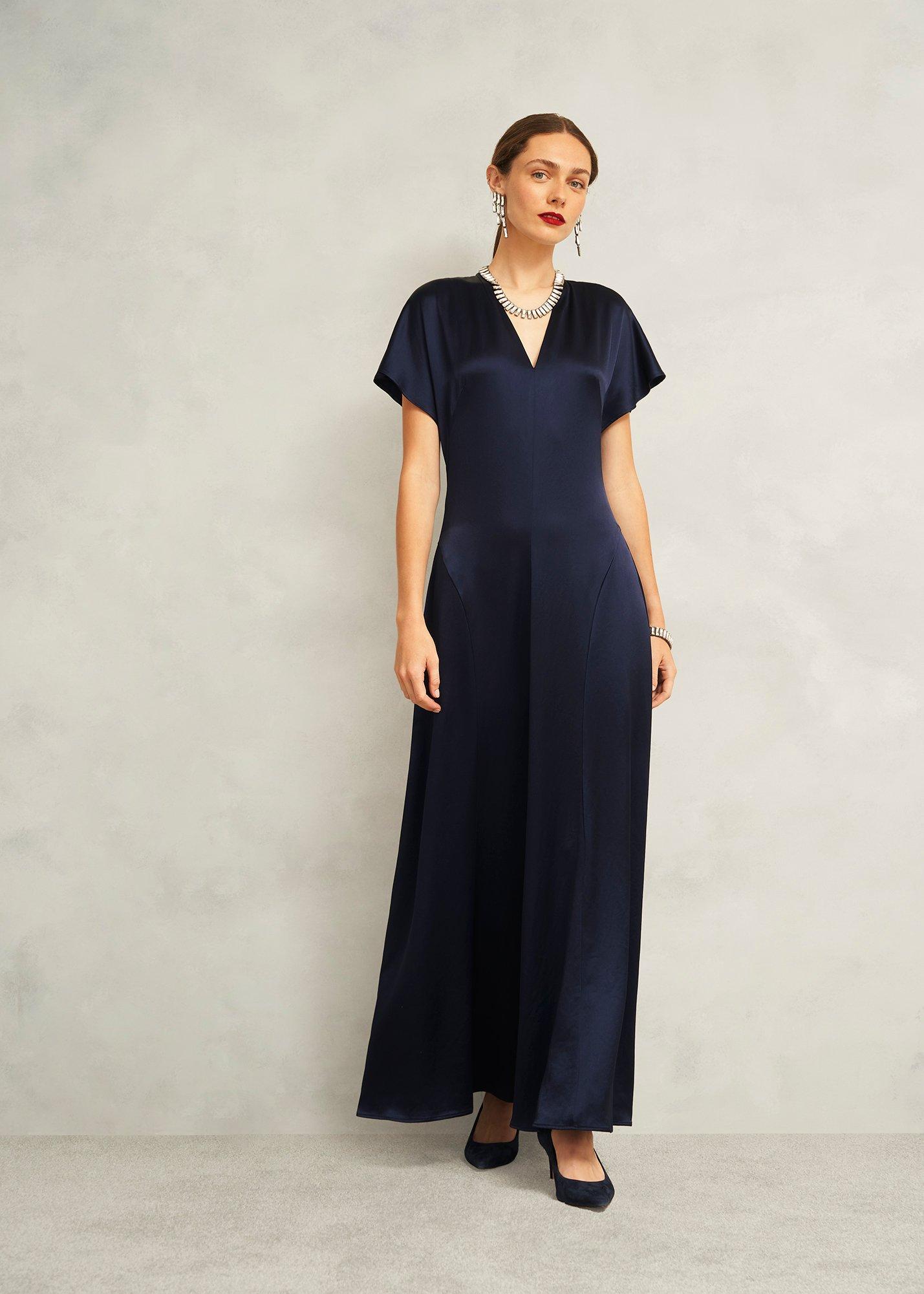 Grace Satin V Neck Maxi Dress, Midnight Navy, hi-res
