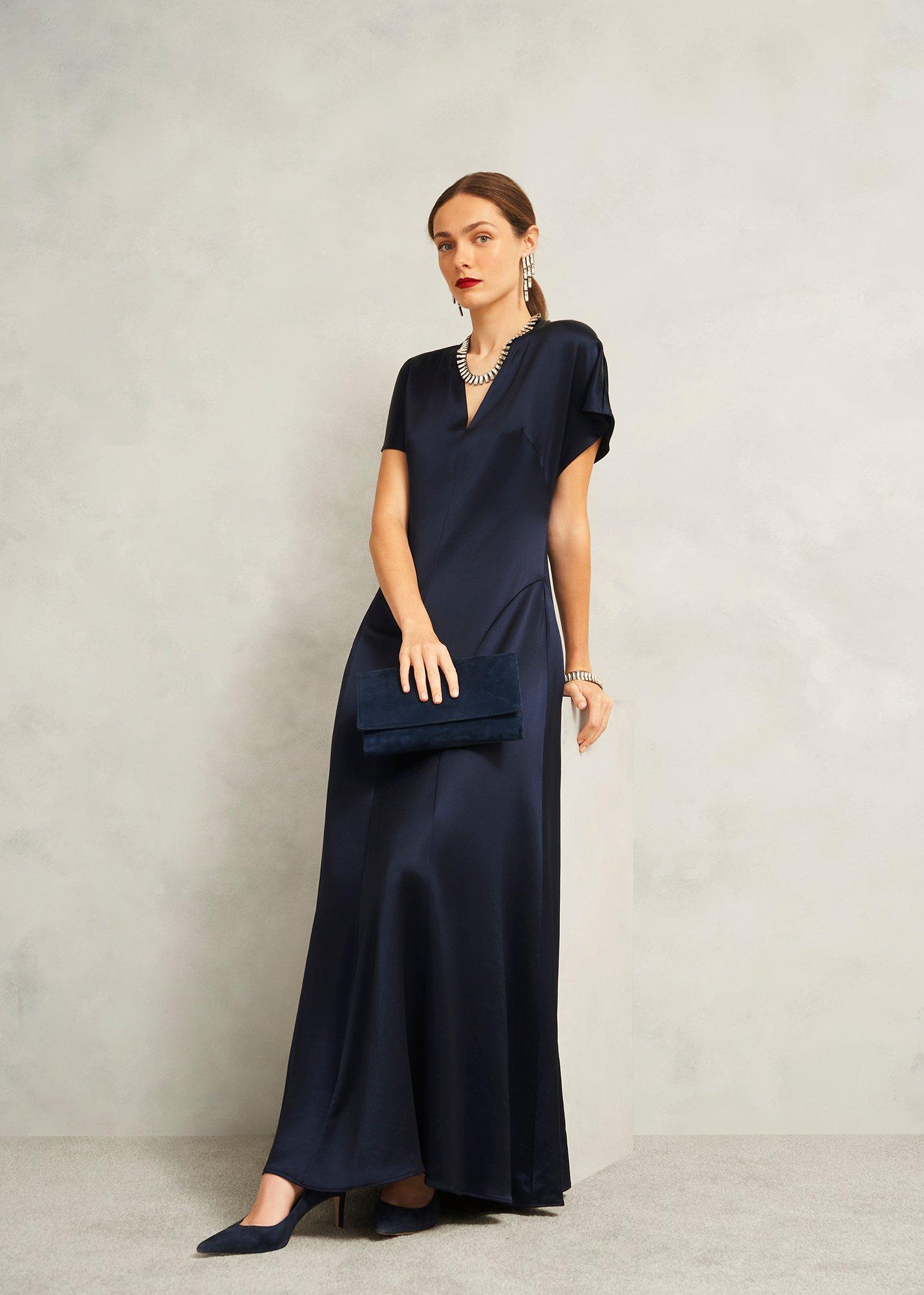 Grace Satin V Neck Maxi Dress, Midnight Navy, hi-res