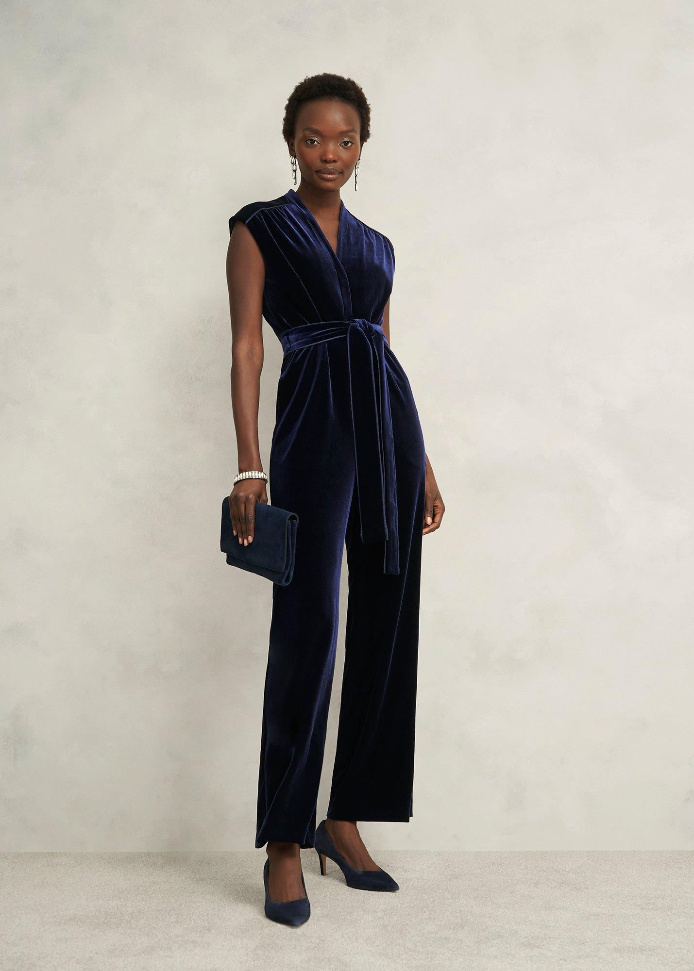 Olive Velvet Jumpsuit, Midnight Navy, hi-res