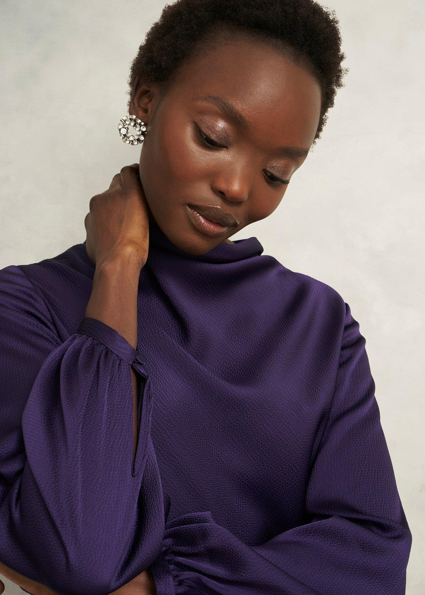 Pearl Textured Satin Dress, Midnight Purple, hi-res