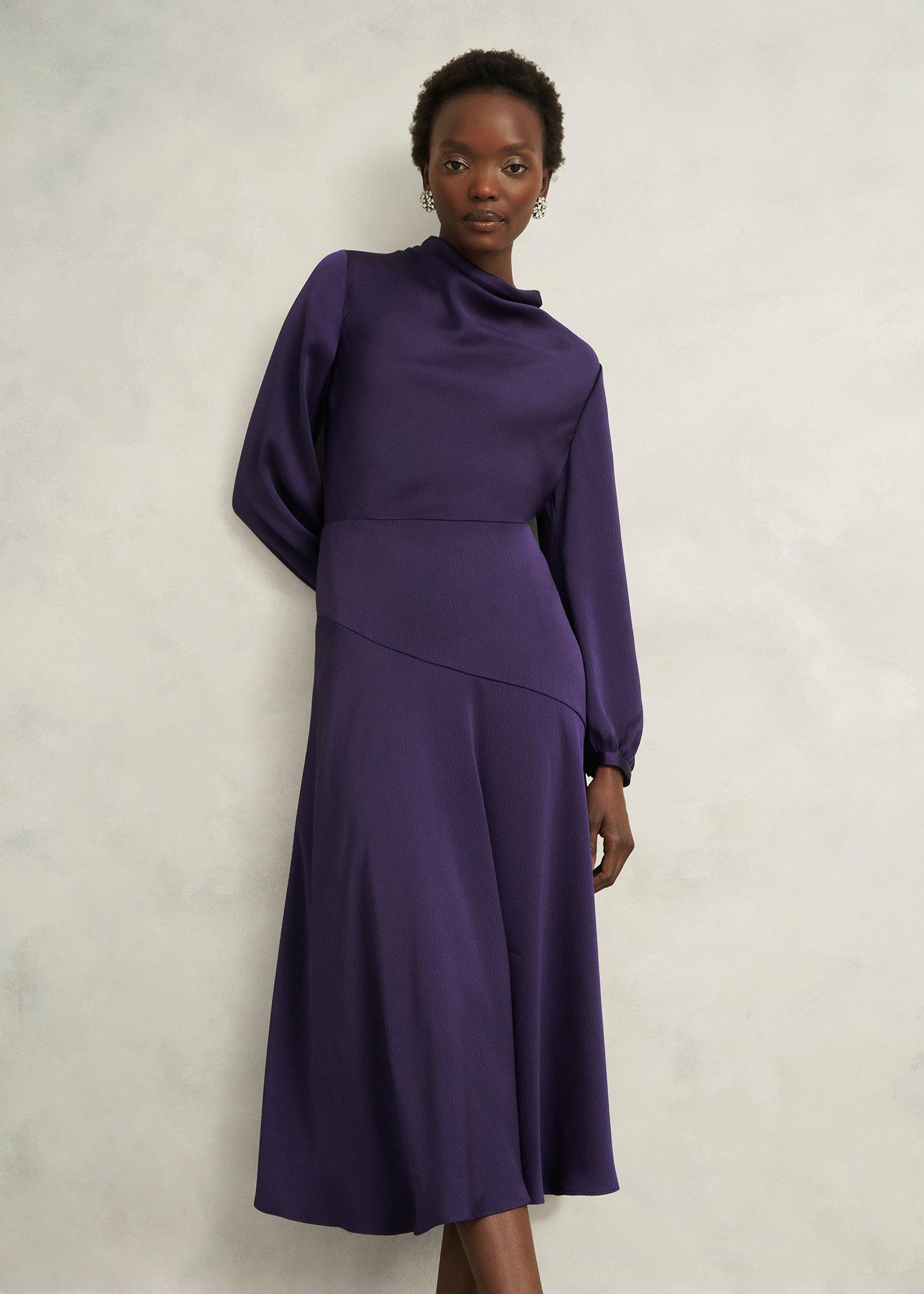 Pearl Textured Satin Dress, Midnight Purple, hi-res