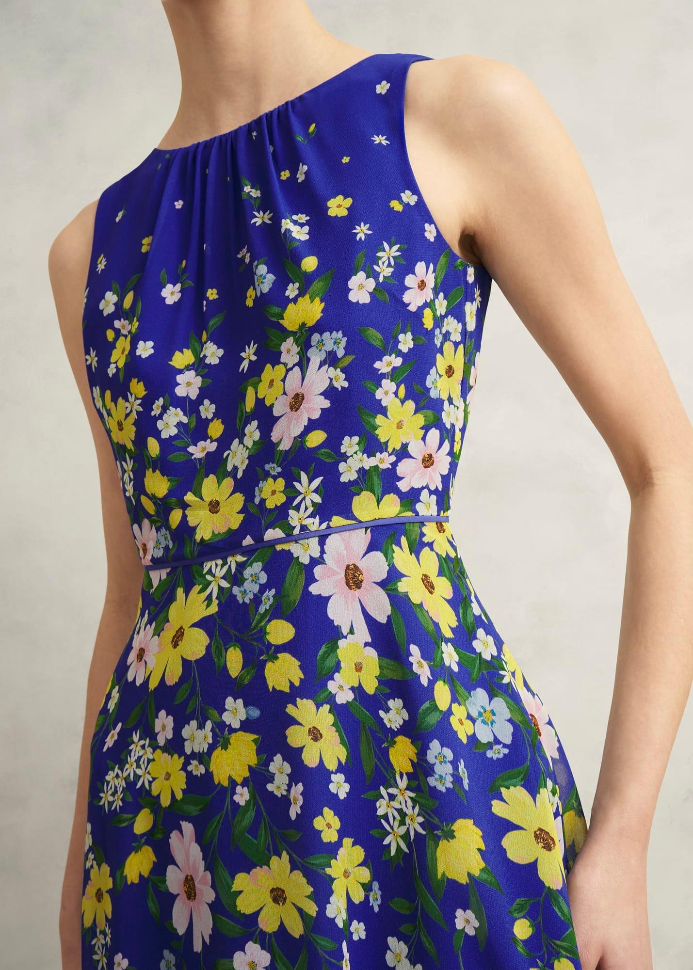 Petite Carly Gathered Neck Dress, Blue Multi, hi-res