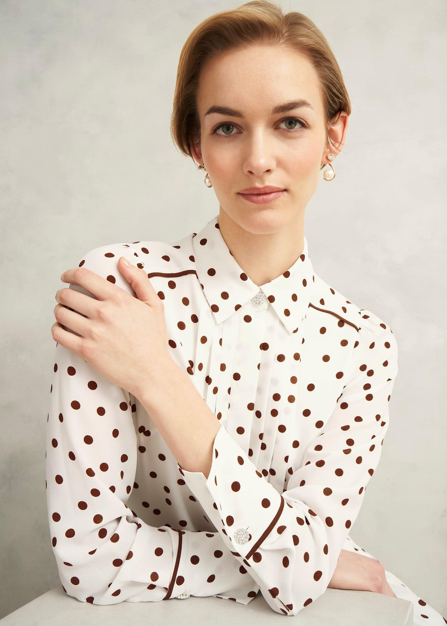 Francesca Pleated Spot Dress, Ivory Brown, hi-res