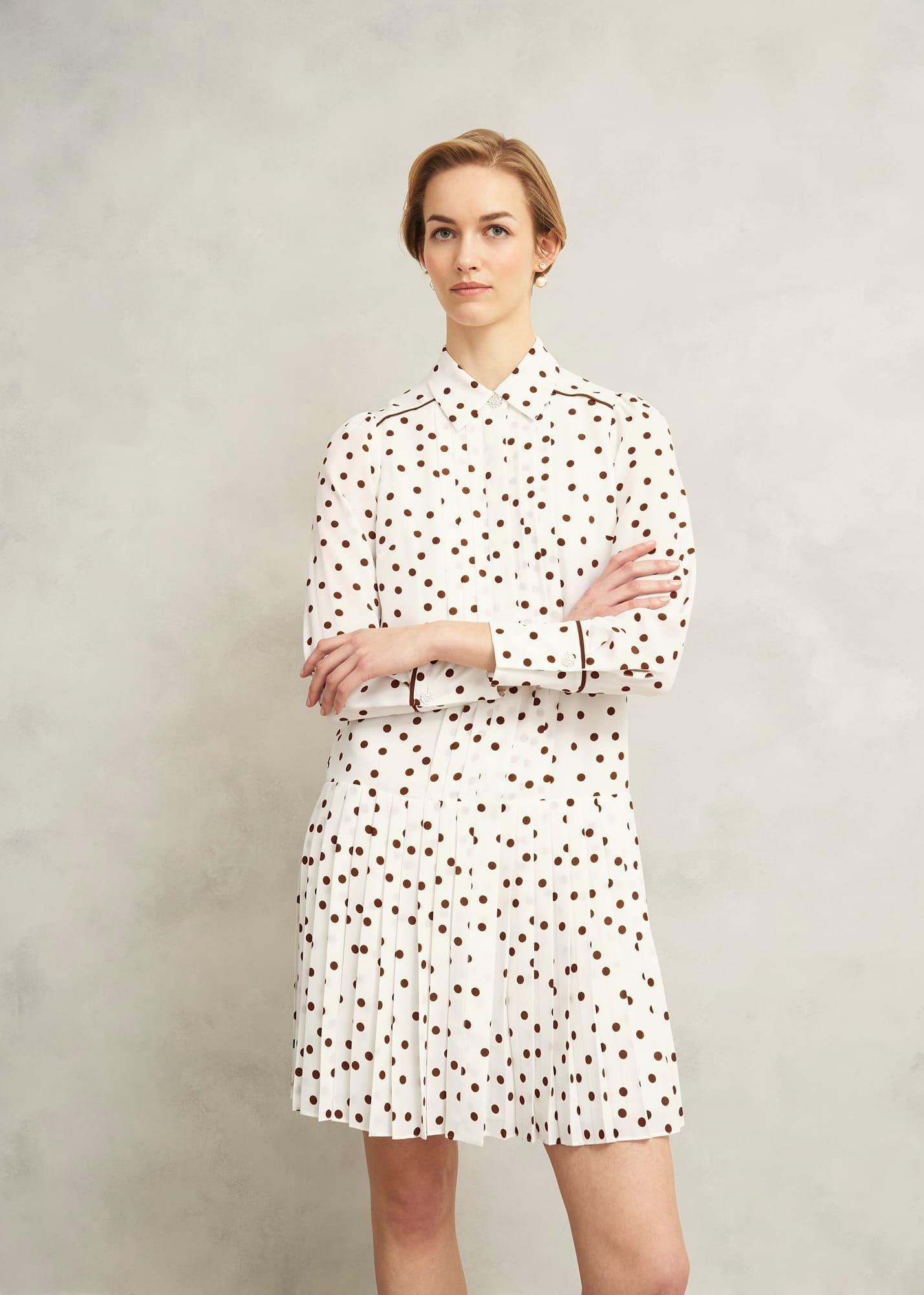 Francesca Pleated Spot Dress, Ivory Brown, hi-res