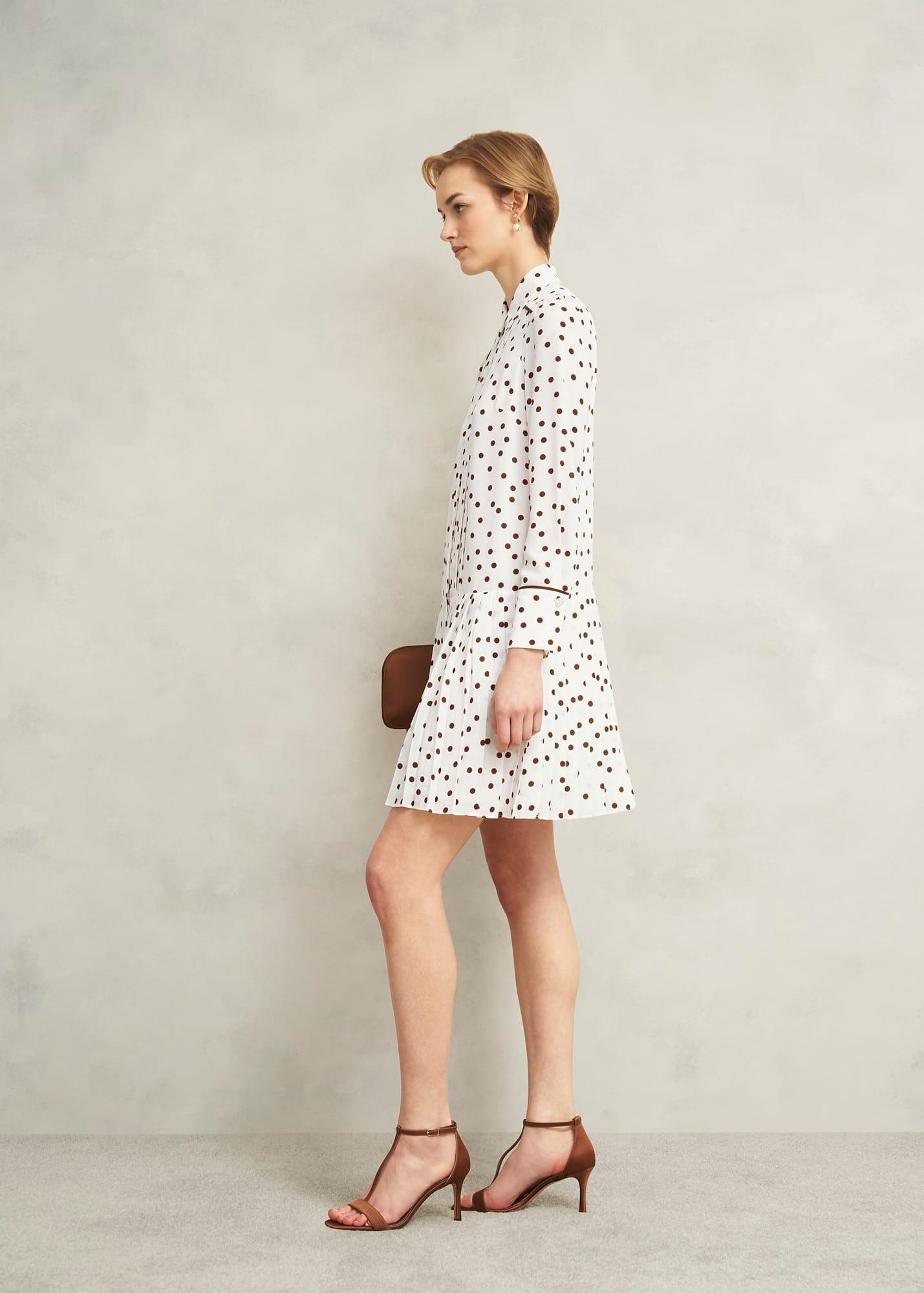 Francesca Pleated Spot Dress, Ivory Brown, hi-res