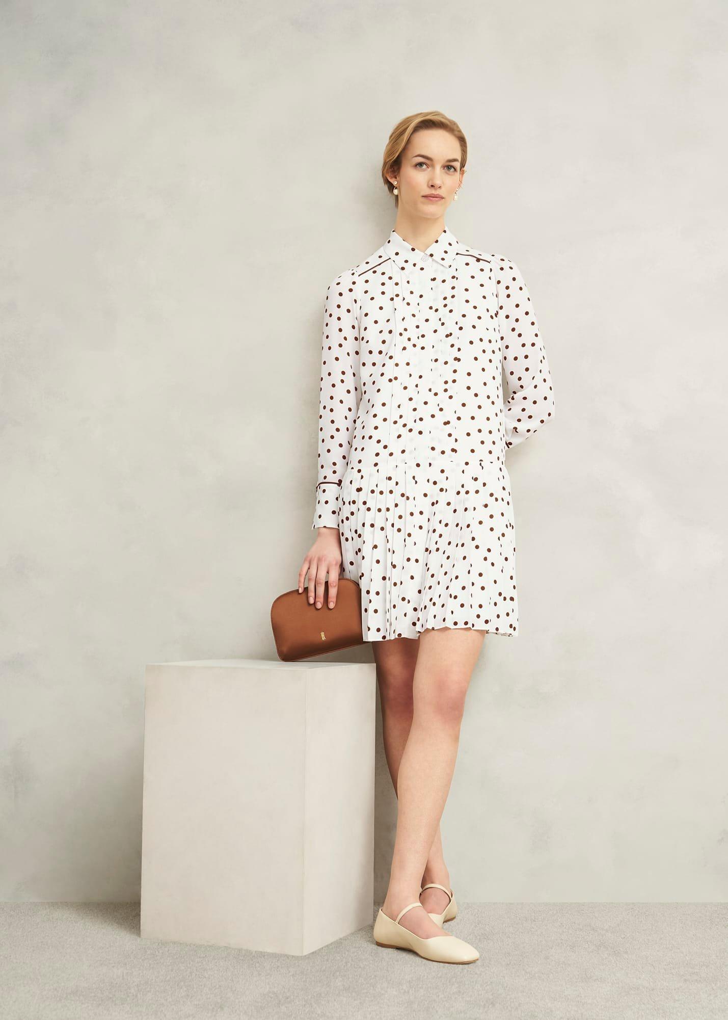 Francesca Pleated Spot Dress, Ivory Brown, hi-res