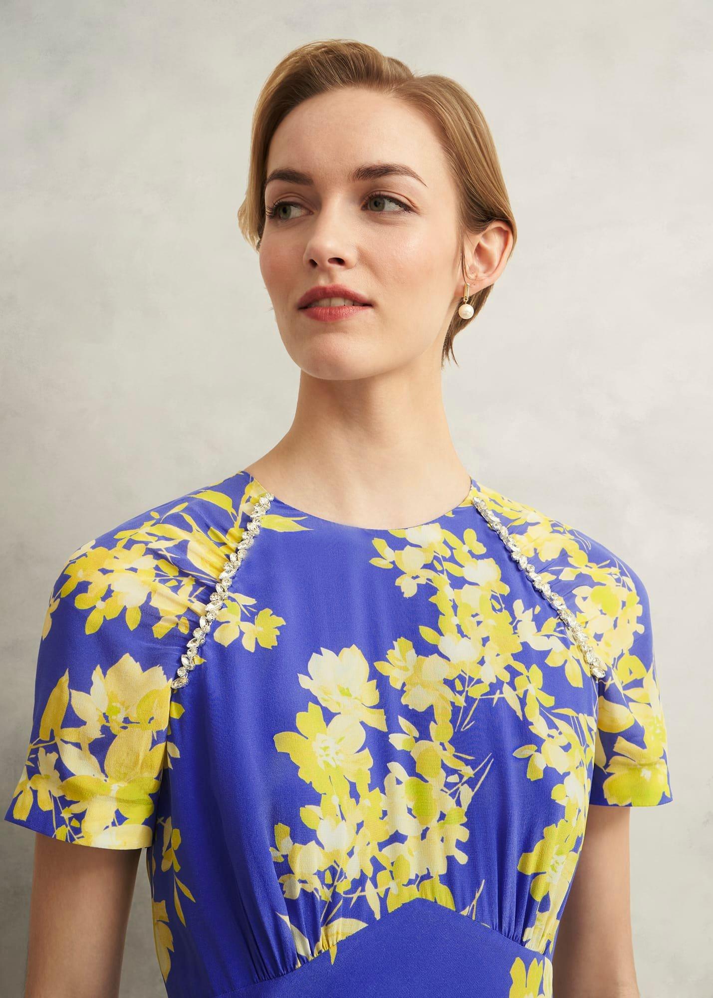 Ann Embellished Silk Dress, Blue Yellow, hi-res