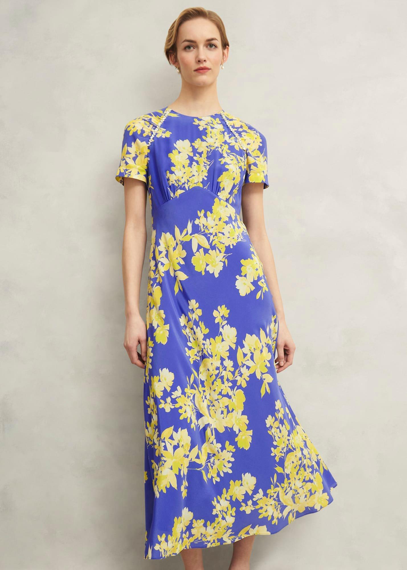 Petite Ann Embellished Silk Dress, Blue Yellow, hi-res