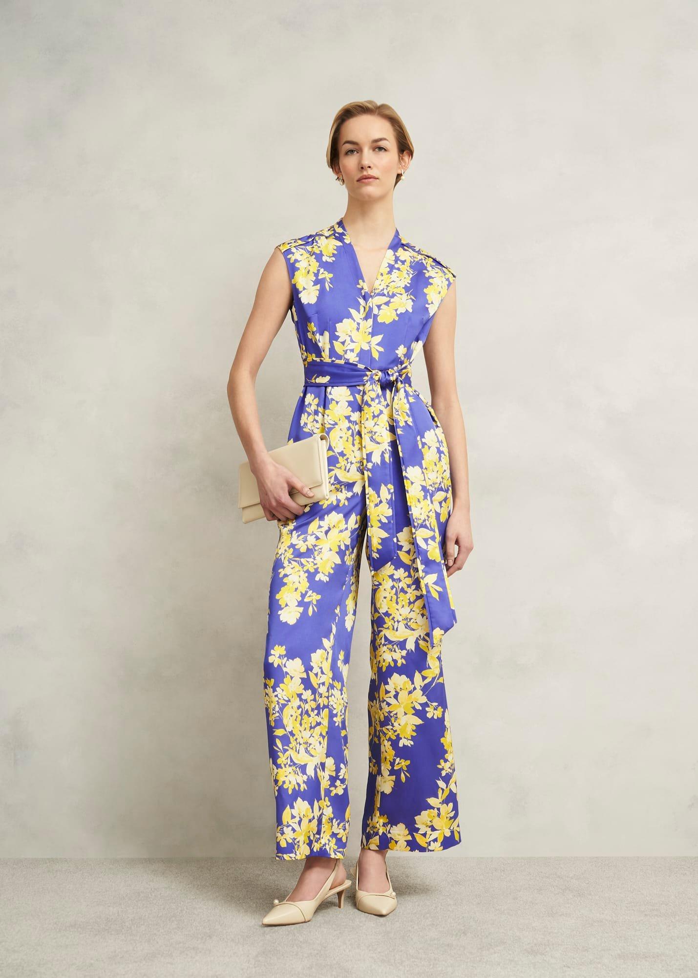 Macey Floral V Neck Jumpsuit, Blue Multi, hi-res
