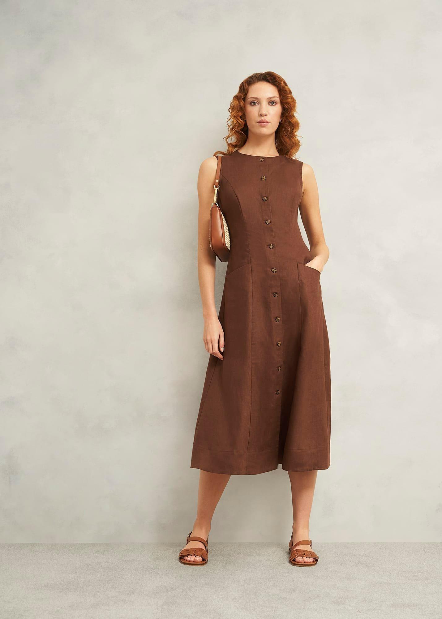 Carmen Linen Dress, Chestnut Brown, hi-res