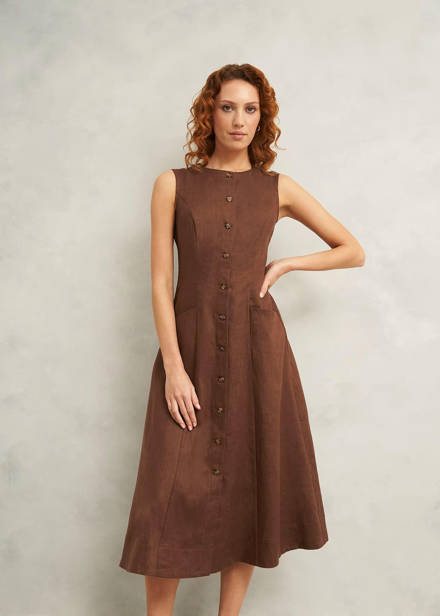 Carmen Linen Dress, Chestnut Brown, hi-res