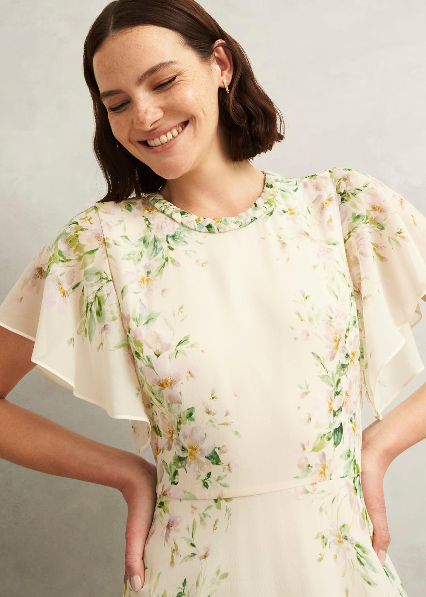 Kim Plait Neck Floral Silk Dress , Cream Multi, hi-res