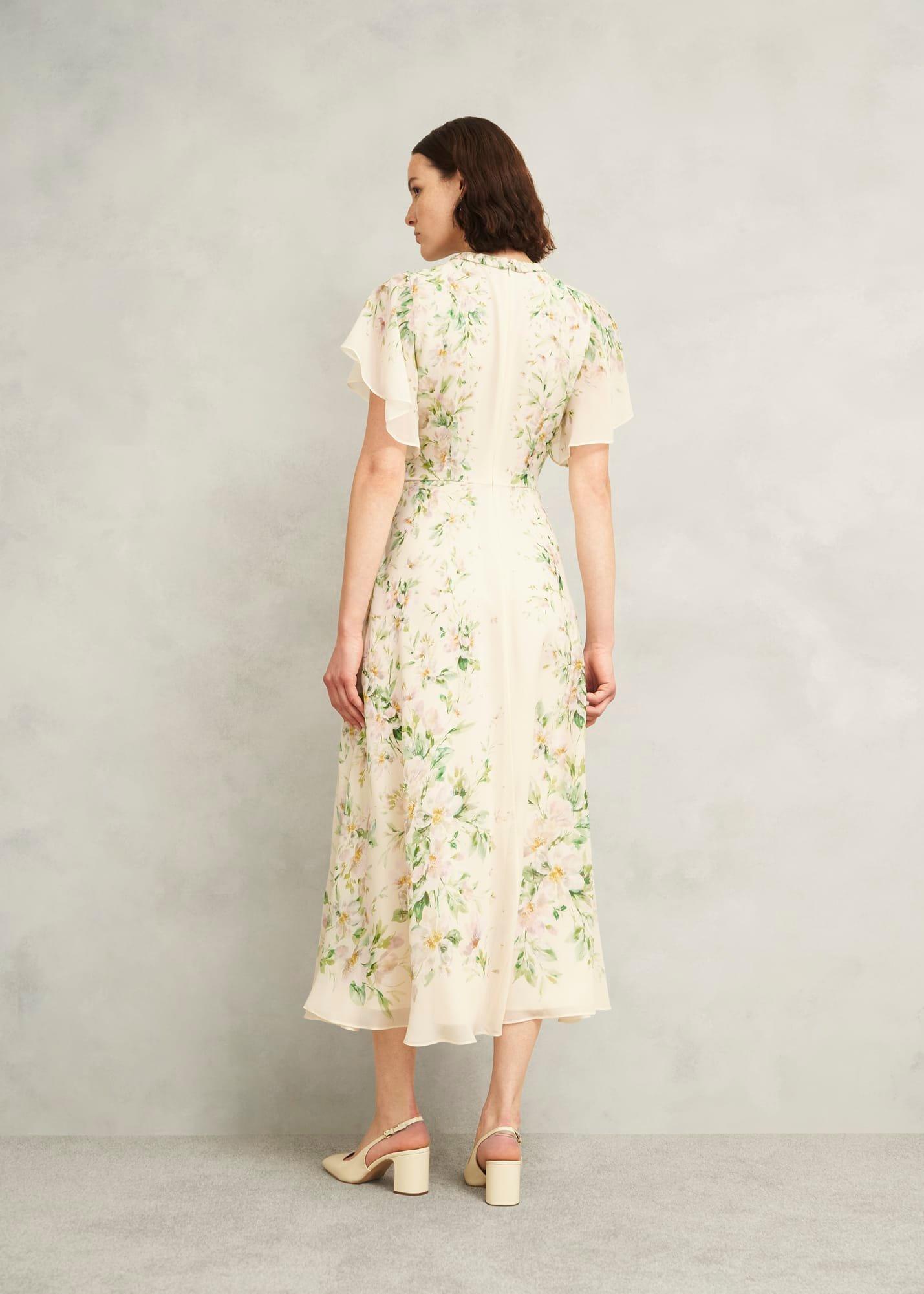 Kim Plait Neck Floral Silk Dress , Cream Multi, hi-res