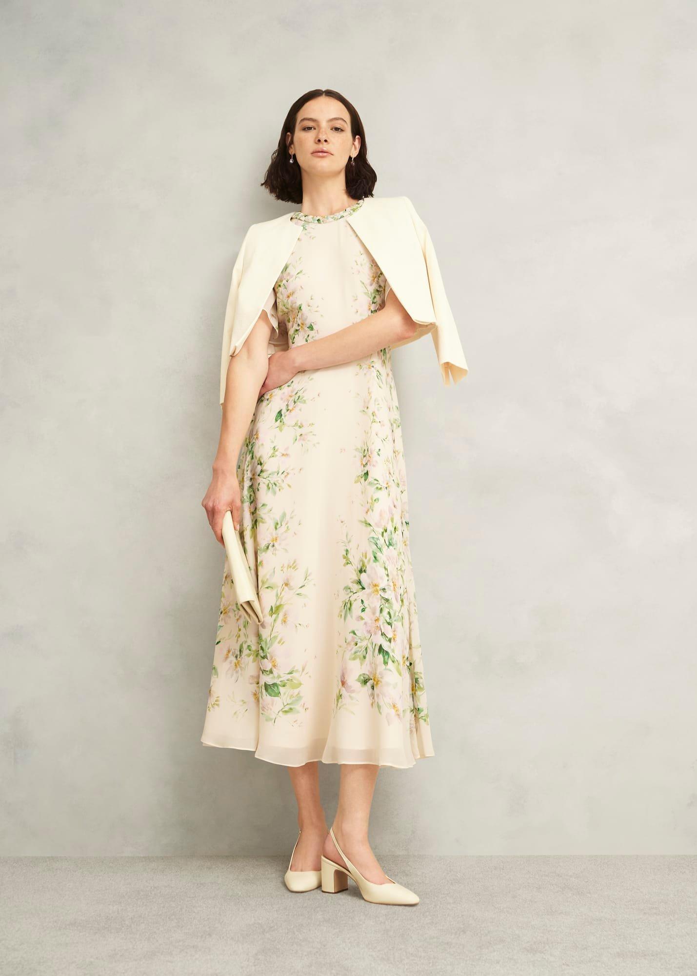 Kim Plait Neck Floral Silk Dress , Cream Multi, hi-res