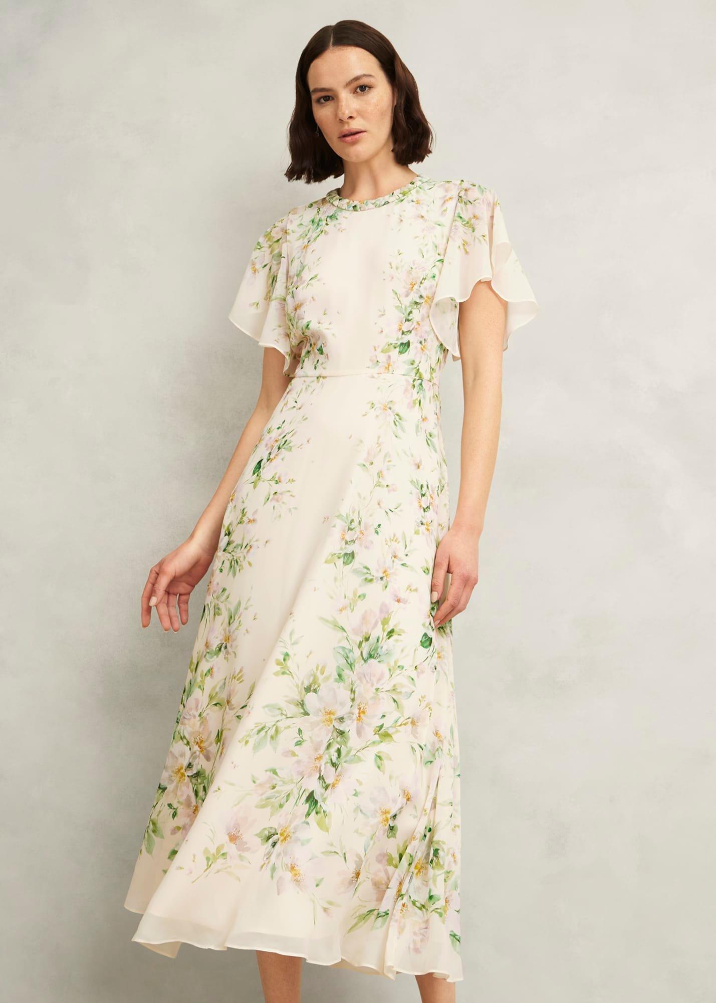 Petite Kim Plait Neck Floral Silk Dress , Cream Multi, hi-res