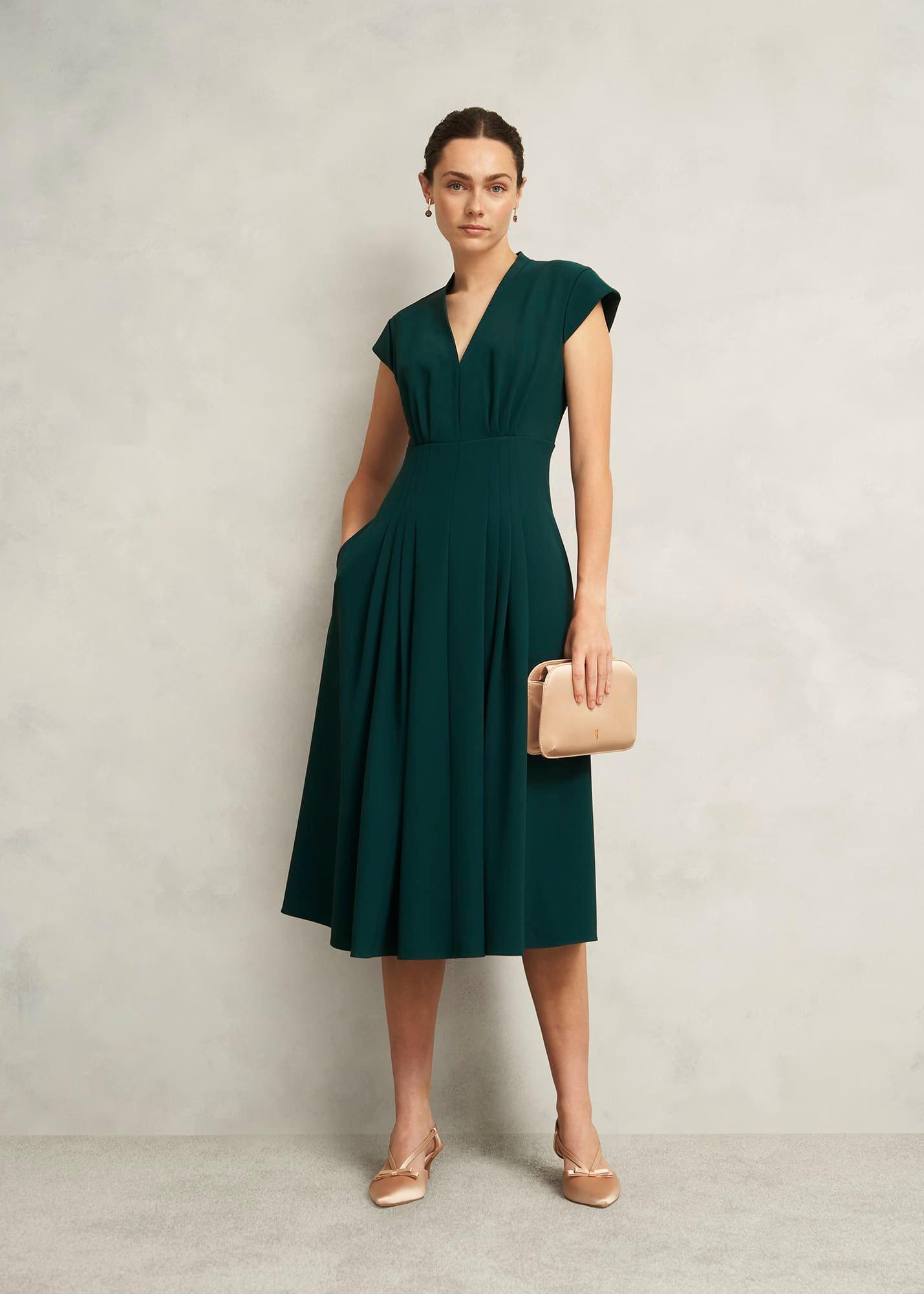 Sophie V Neck Pintuck Dress, Ponderosa Green, hi-res