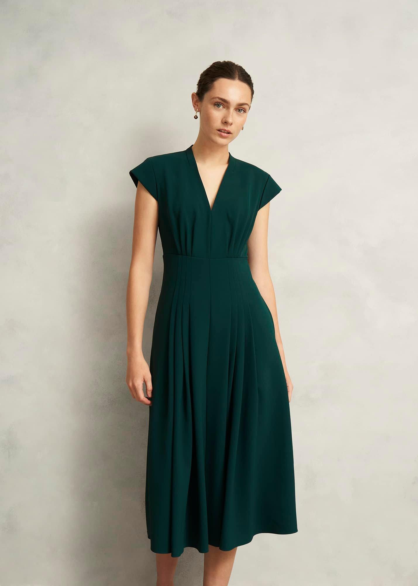 Sophie V Neck Pintuck Dress, Ponderosa Green, hi-res