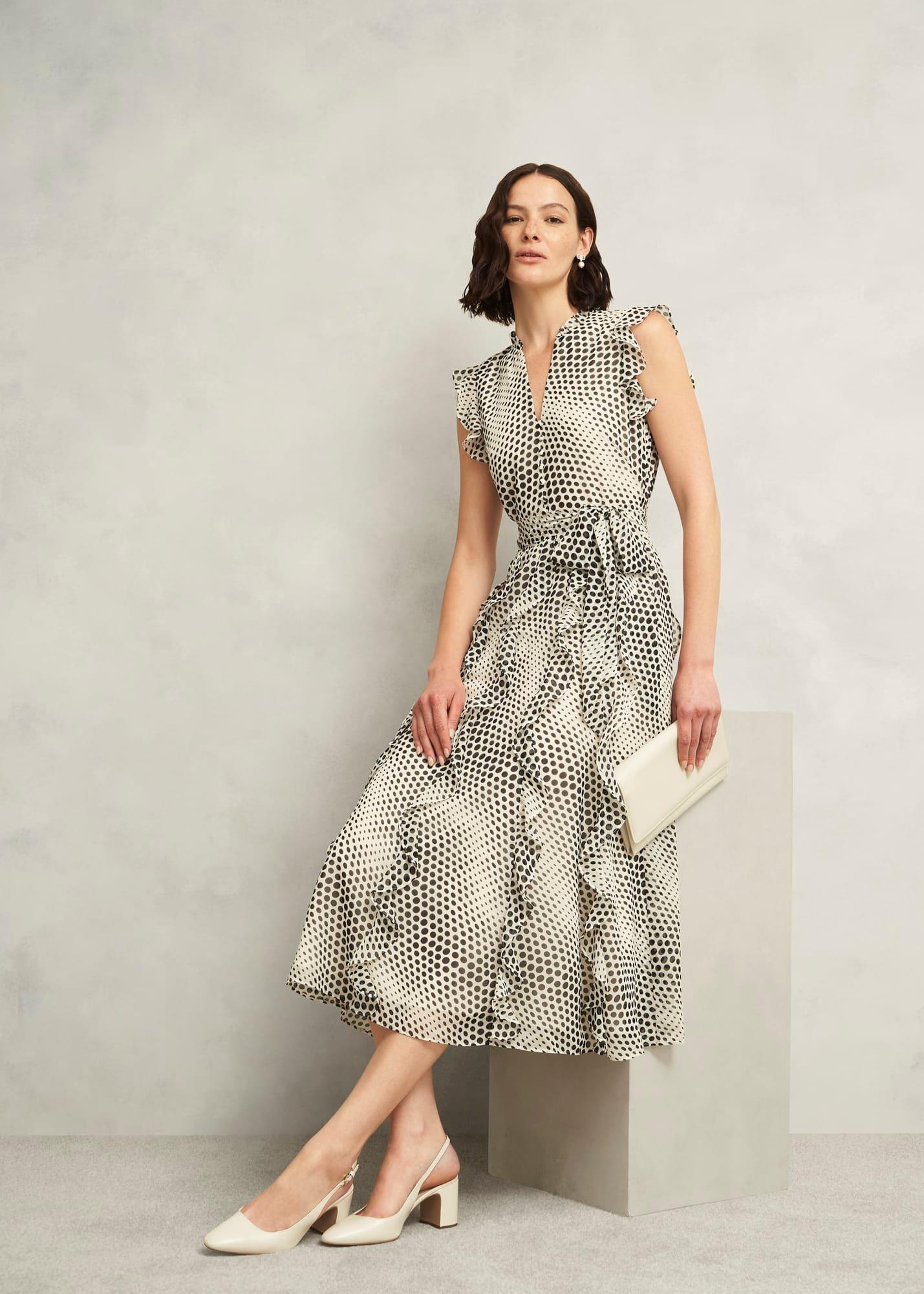 Nina Ruffle Midi Dress, Cream Black, hi-res