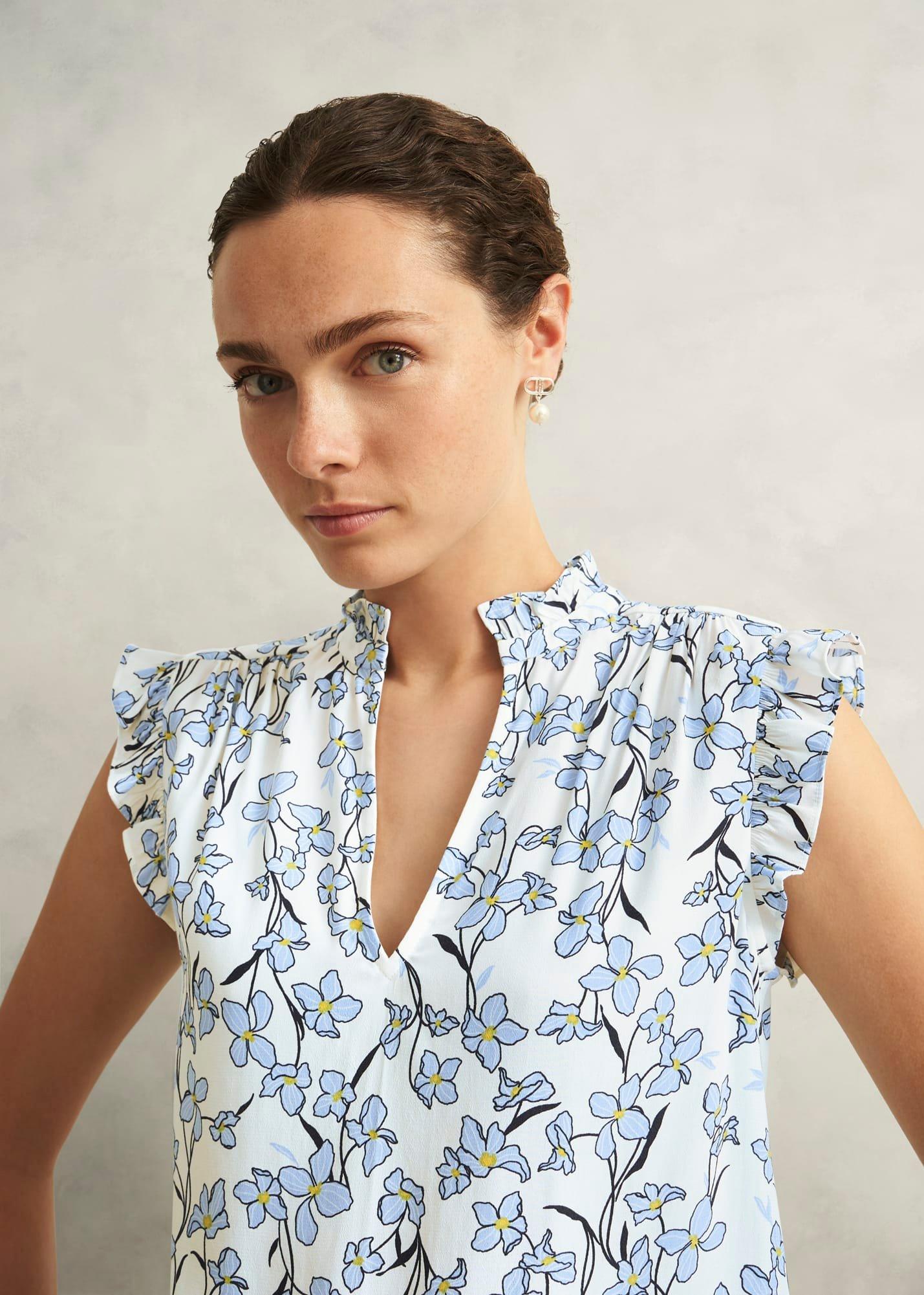 Ivory Floral Jules Top with Frill Sleeve, Ivory Blue, hi-res