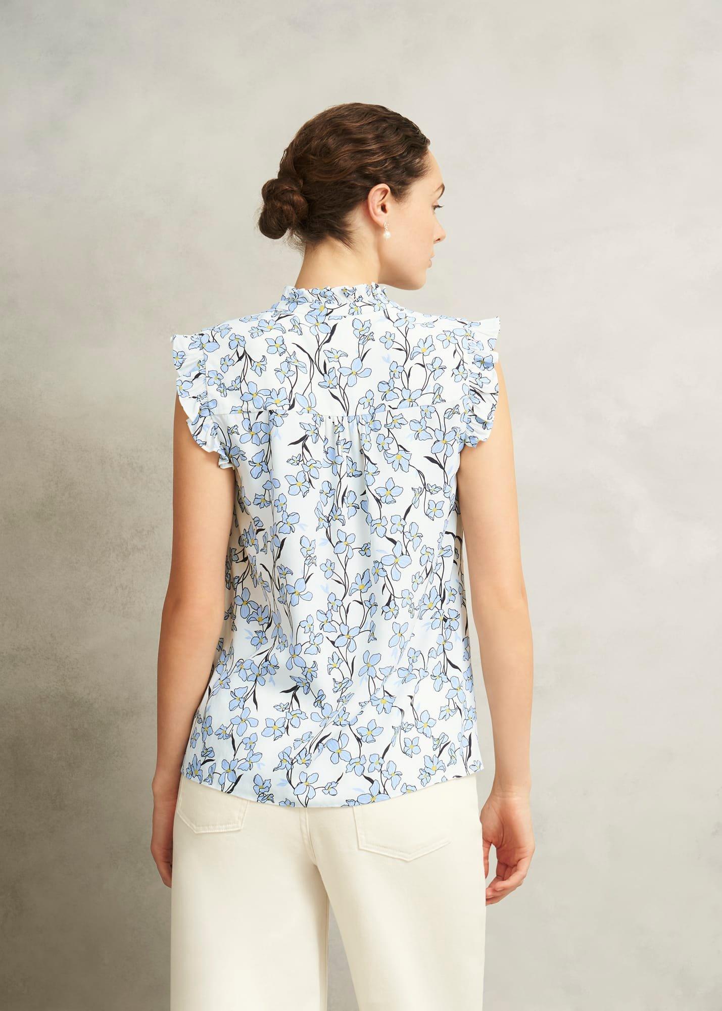 Ivory Floral Jules Top with Frill Sleeve, Ivory Blue, hi-res