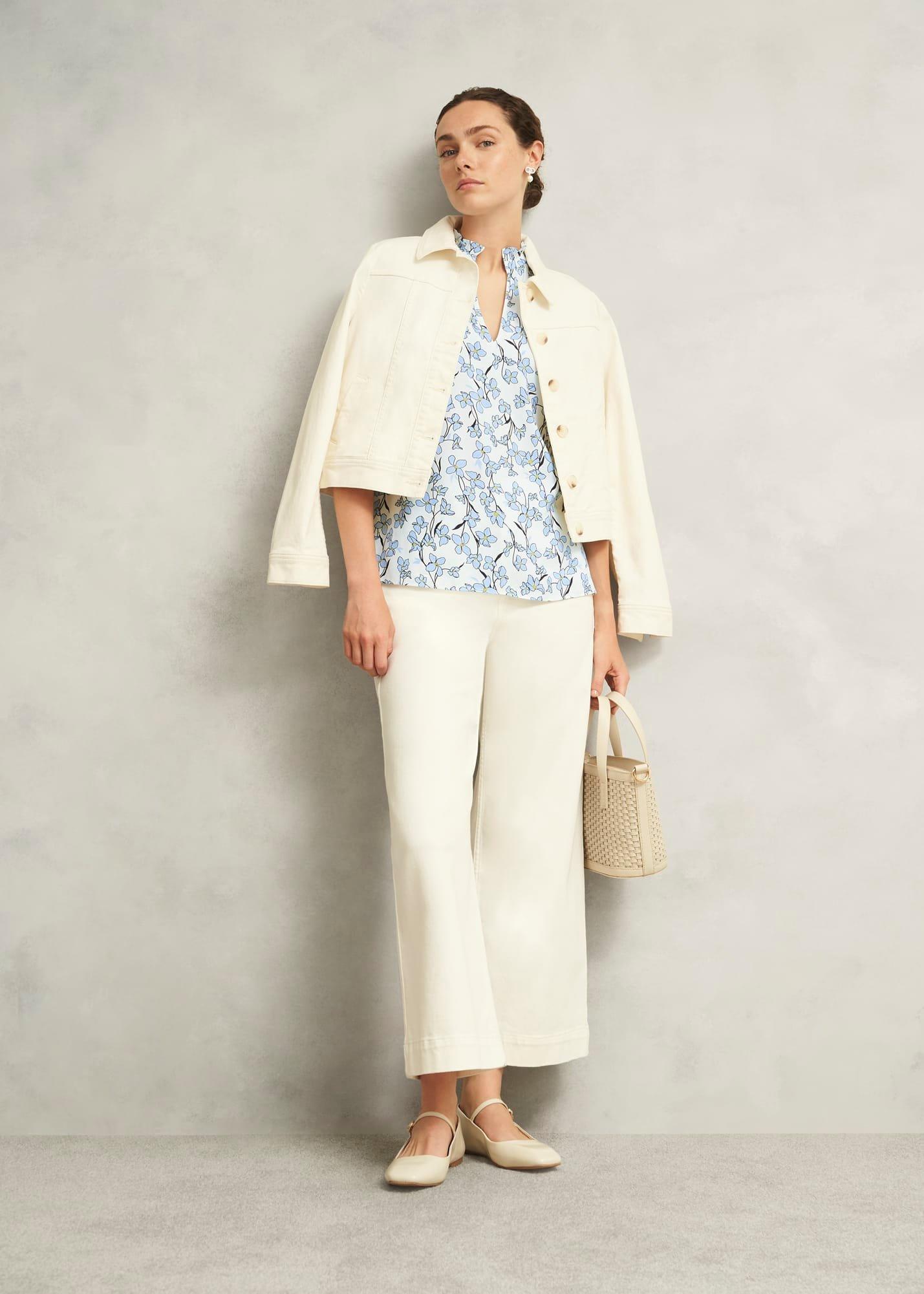 Ivory Floral Jules Top with Frill Sleeve, Ivory Blue, hi-res