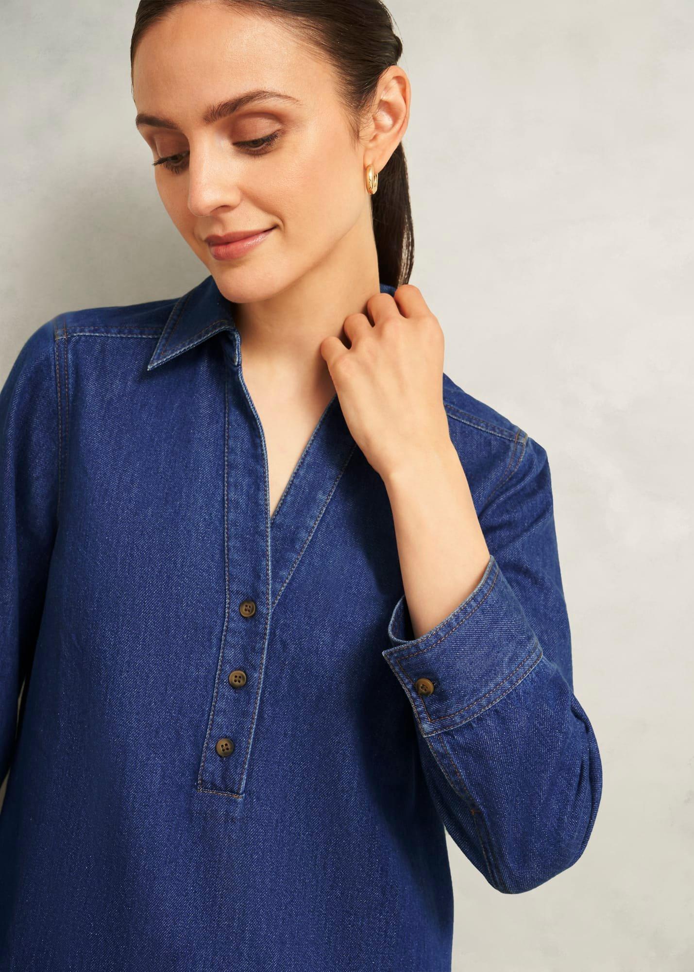 Elena Denim Blouse, Mid Wash Blue, hi-res