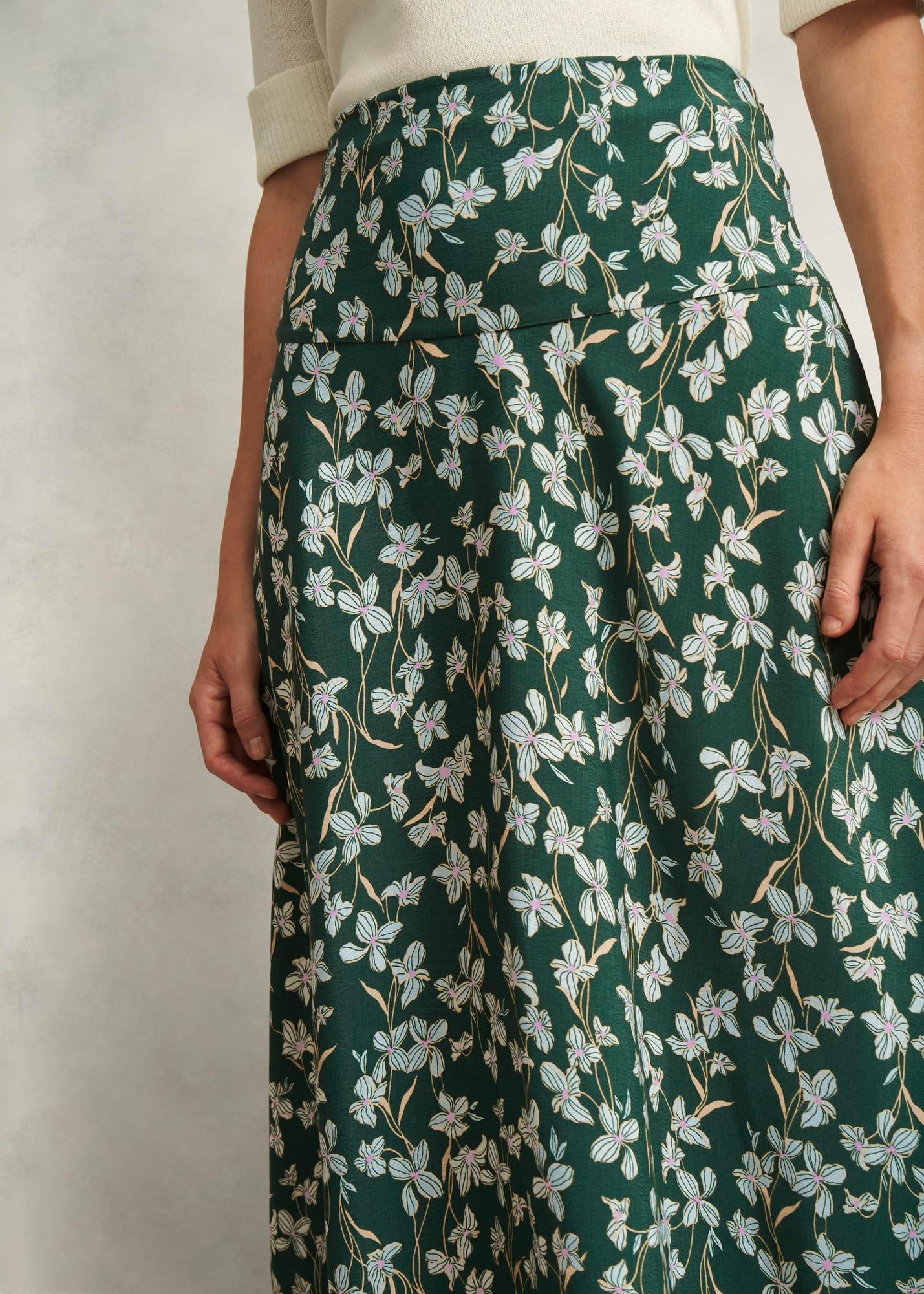 Dark Green Floral Kiara Midi Skirt, Green Multi, hi-res