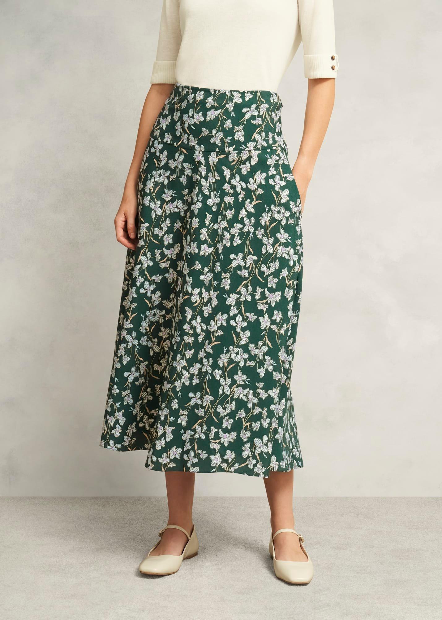 Dark Green Floral Kiara Midi Skirt, Green Multi, hi-res